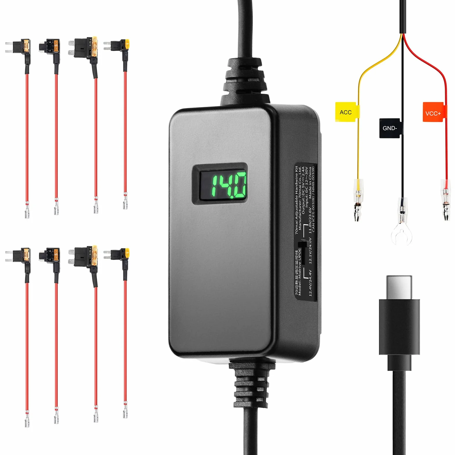 70mai UP06 Hardwire Kit Regolabile, USB-C, Protezione Bassa Tensione 3 Livelli Compatibile con M310, A410, A510, A810S, A800SE, 4K Omni, T800, T800E, Monitoraggio Parcheggio 24h, Display Voltaggio