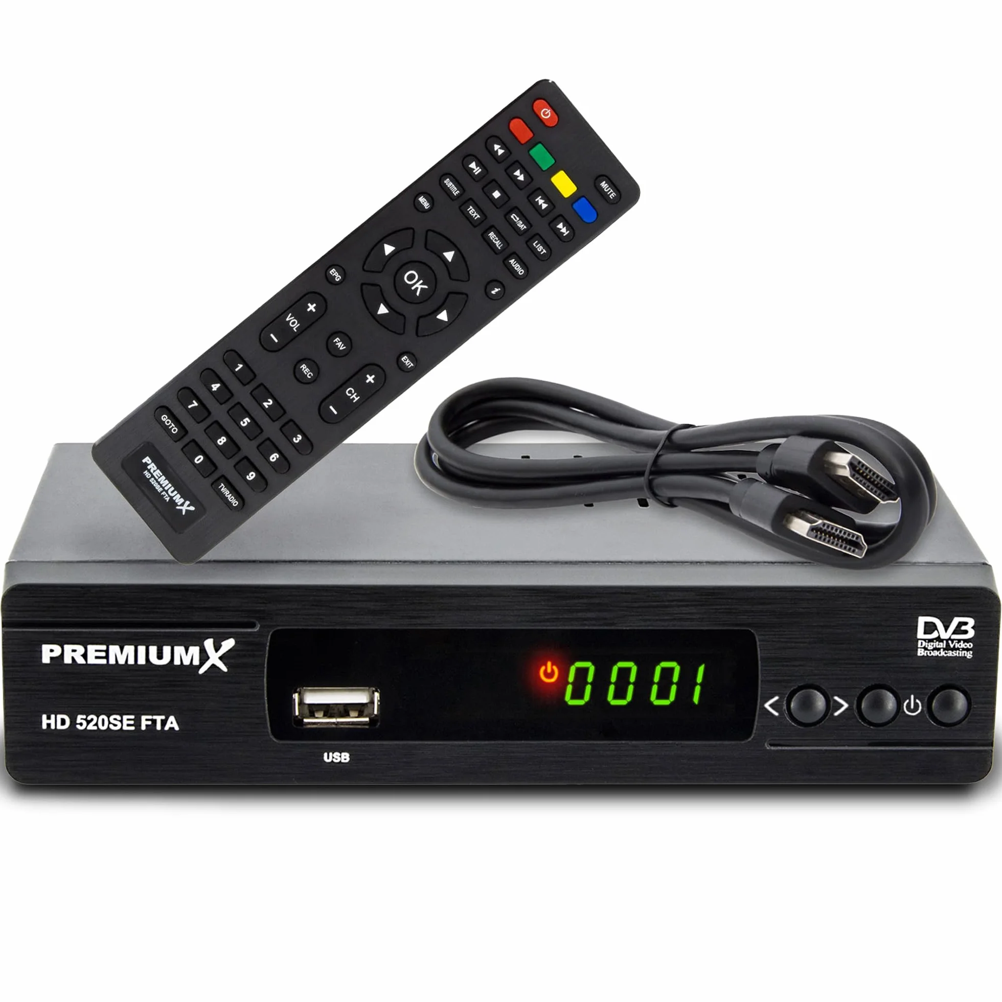 PremiumX Ricevitore satellitare HD 520SE FTA Digital SAT TV Receiver DVB-S2 FullHD HDMI SCART USB lettore multimediale, Astra Hotbird preprogrammato