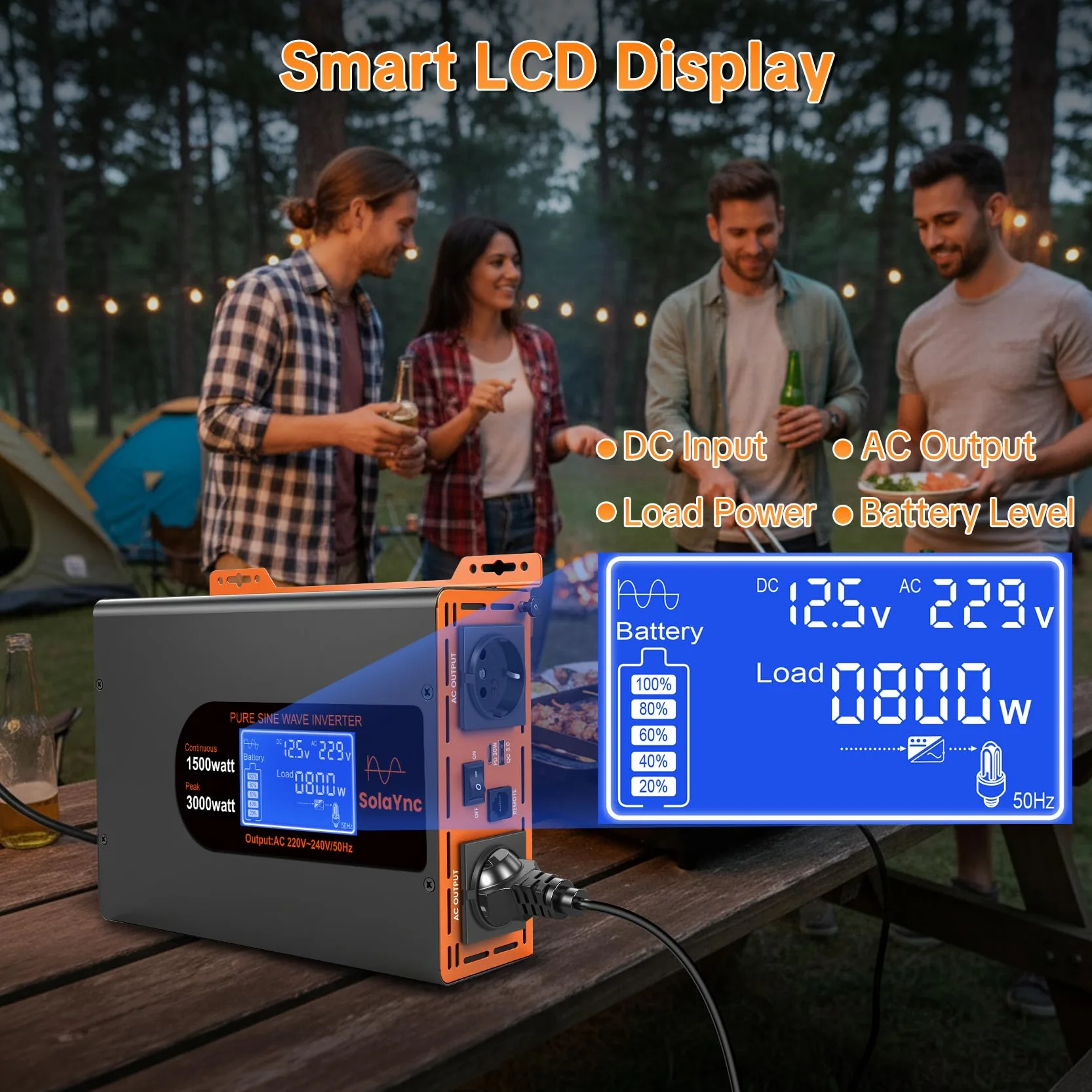 Inverter 1500W/3000W 12V 220/230V Onda Sinusoidale Pura,2 EU Presa,Porta Type-C da 30W e porta USB, telecomando LCD schermo LCD,Adatto per Elettrodomestici, Camper Campeggio