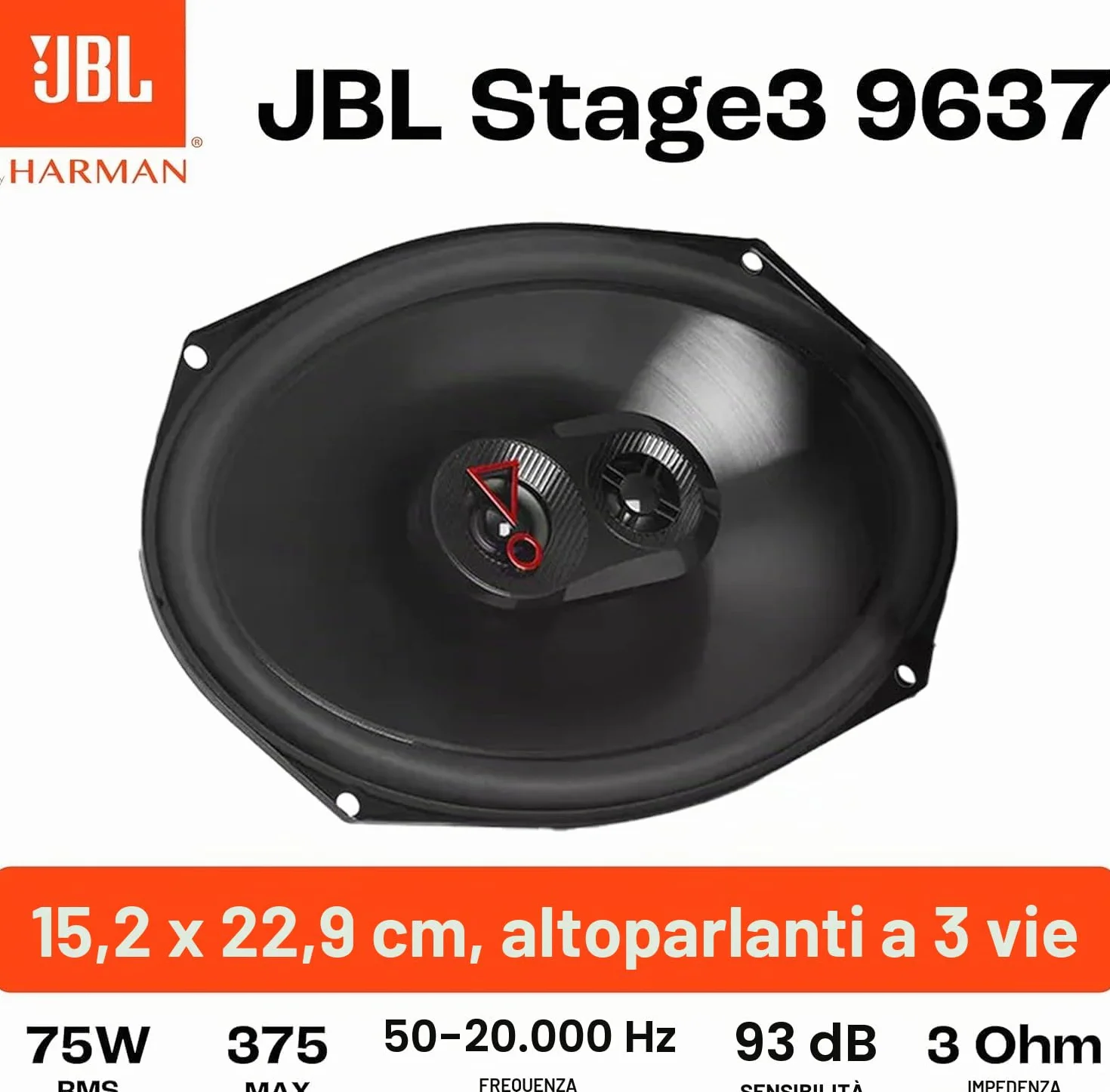 JBL Stage3 9637F - 3-Vie Casse Auto Set di Harman Kardon Senza Griglia - 375 Watt impianto stereo ovale Altoparlanti da 16.5 x 23 cm | 6x9" pollici