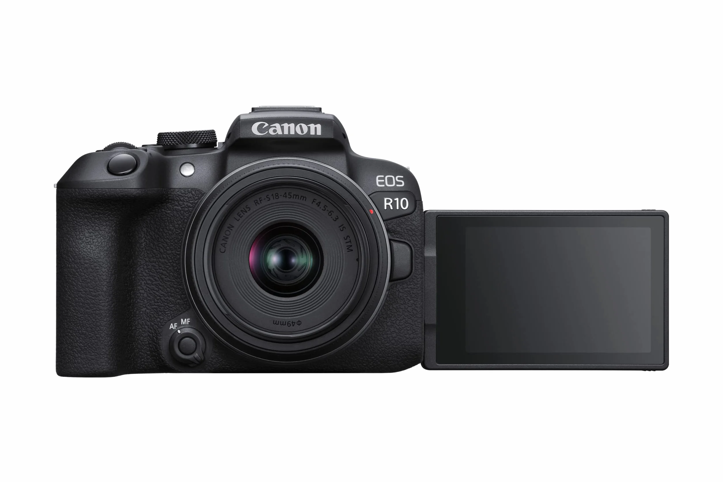 Canon EOS R10 APS-C mirrorless nera + 18-45mm IS STM (24,2 Mp, fino a 23 fps, DIGIC X, video 4K UHD fino 60p, Dual Pixel CMOS Auto Focus II, Display touchscreen orientabile da 7,5 cm, Wi-Fi, BT)