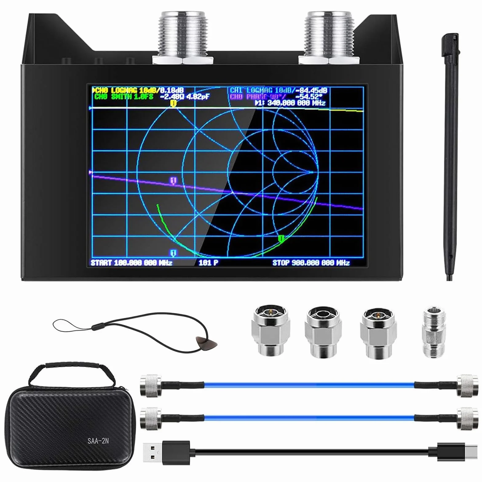 AURSINC Nanovna SAA-2N V2.2 Vector Network Analyzer 4inch Touchscreen 50KHz-3GHz HF VHF UHF Antenna analizzatore, con sacchetto di stoccaggio