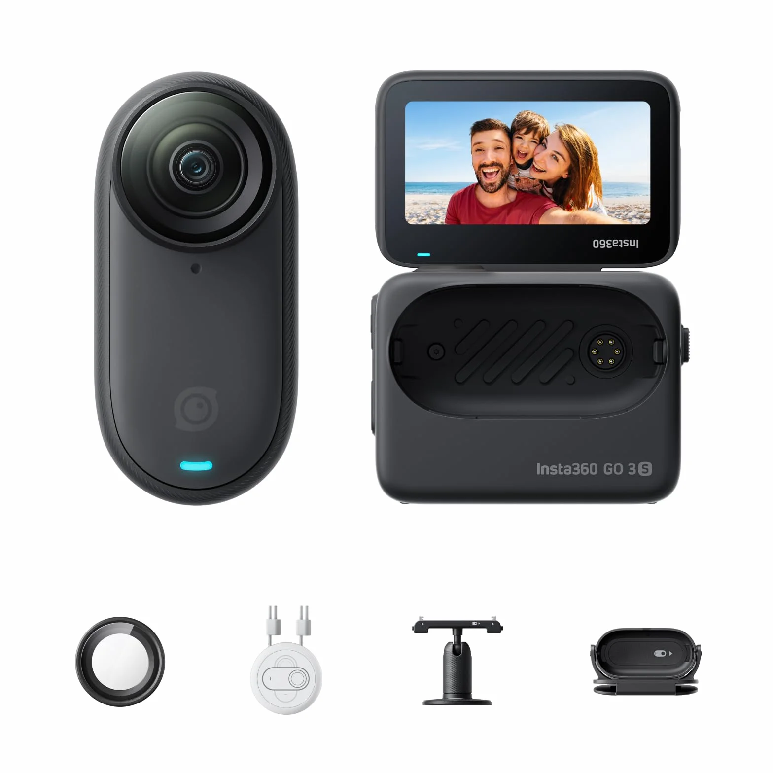 Insta360 GO 3S 64 GB nero notturno - Mini fotocamera portatile 4K, POV a mani libere, applicabile ovunque, stabilizzazione, batteria 140 min, impermeabile 10 m, elaborazione IA, Apple Find My, per