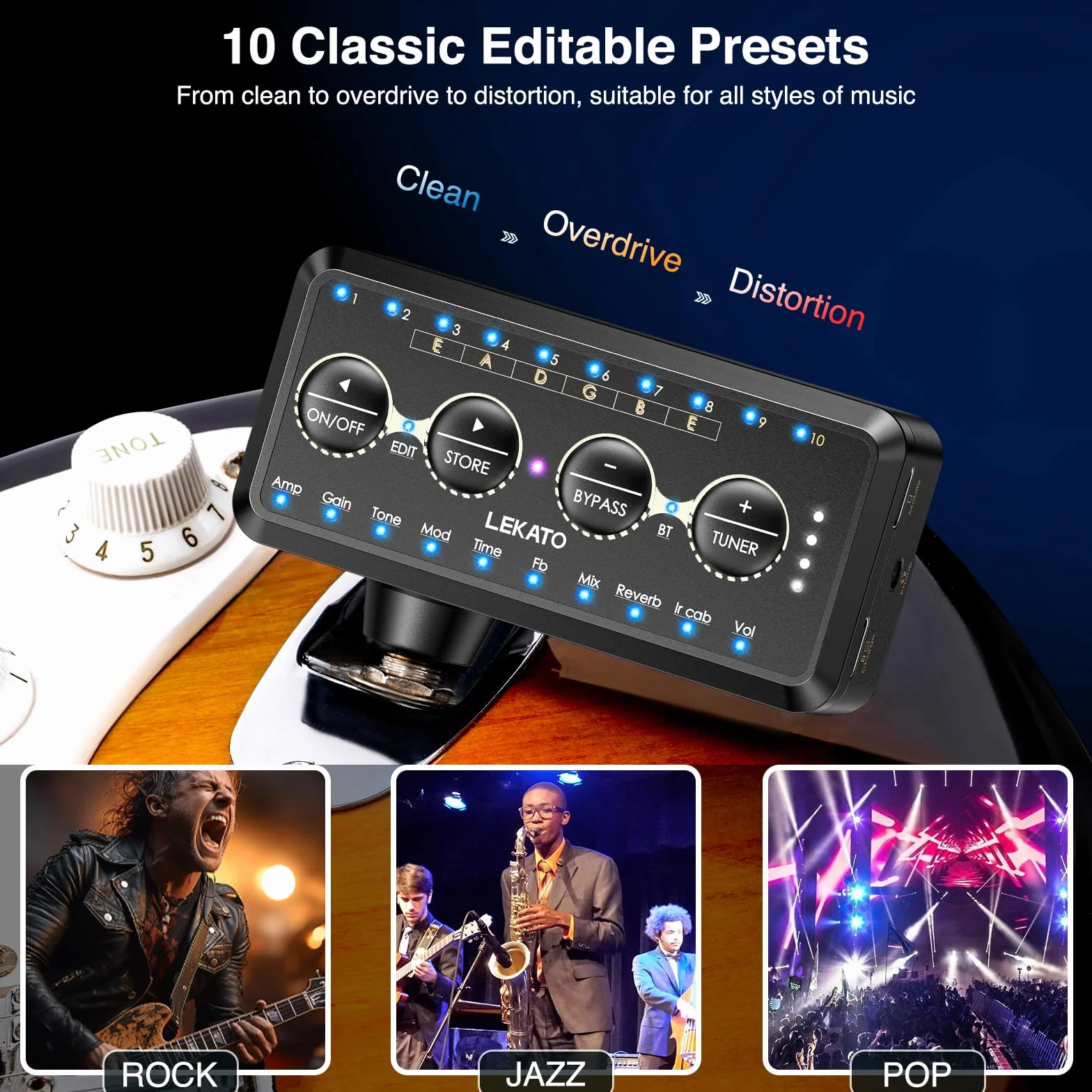 LEKATO Guitar Headphone Amp Mini Amplificatore per Chitarra con 10 Preset, 10 Modelli, 10 IR, Accordatore, Bluetooth, Multi Effetti