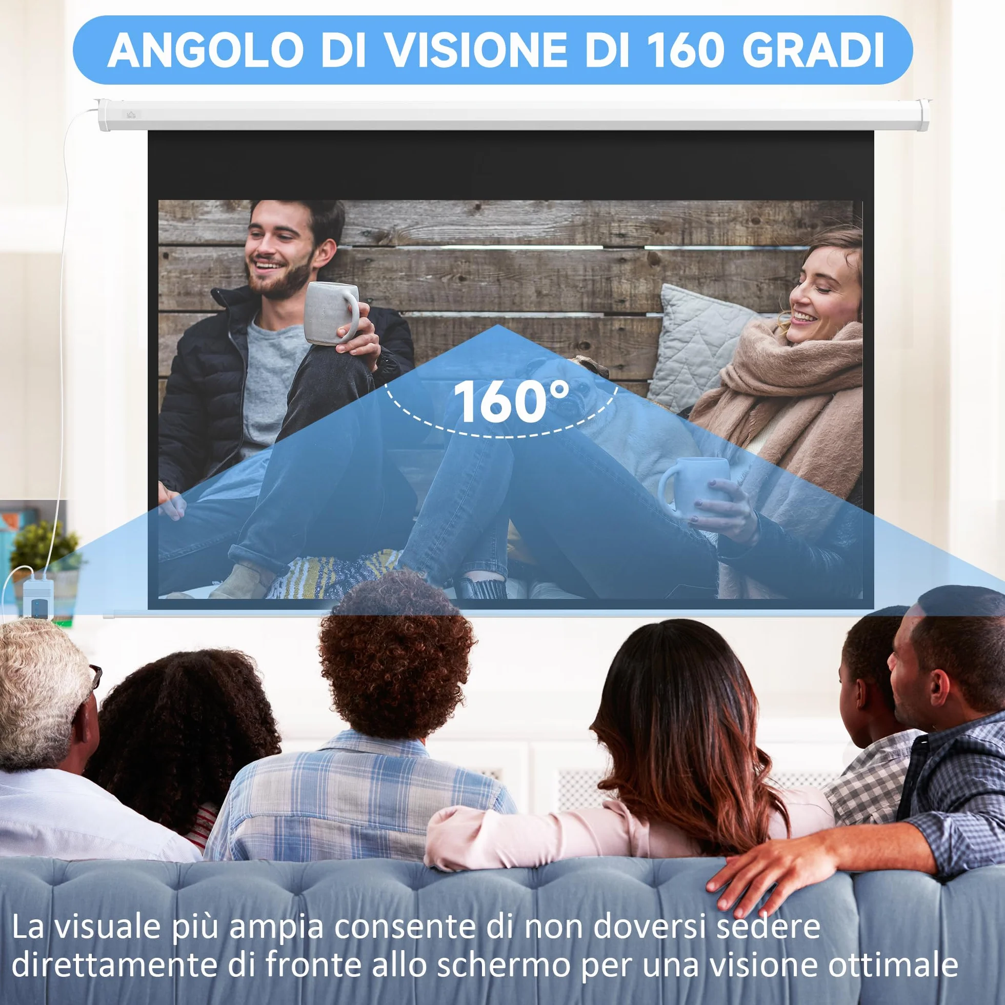 HOMCOM Telo Proiettore Motorizzato da 84 Pollici 4K HD Formato 16:9, Schermo Proiettore Motorizzato Elettrico con Telecomando, Telo Videoproiettore per Casa, Cinema, Ufficio, Home, 215x140 cm, Bianco