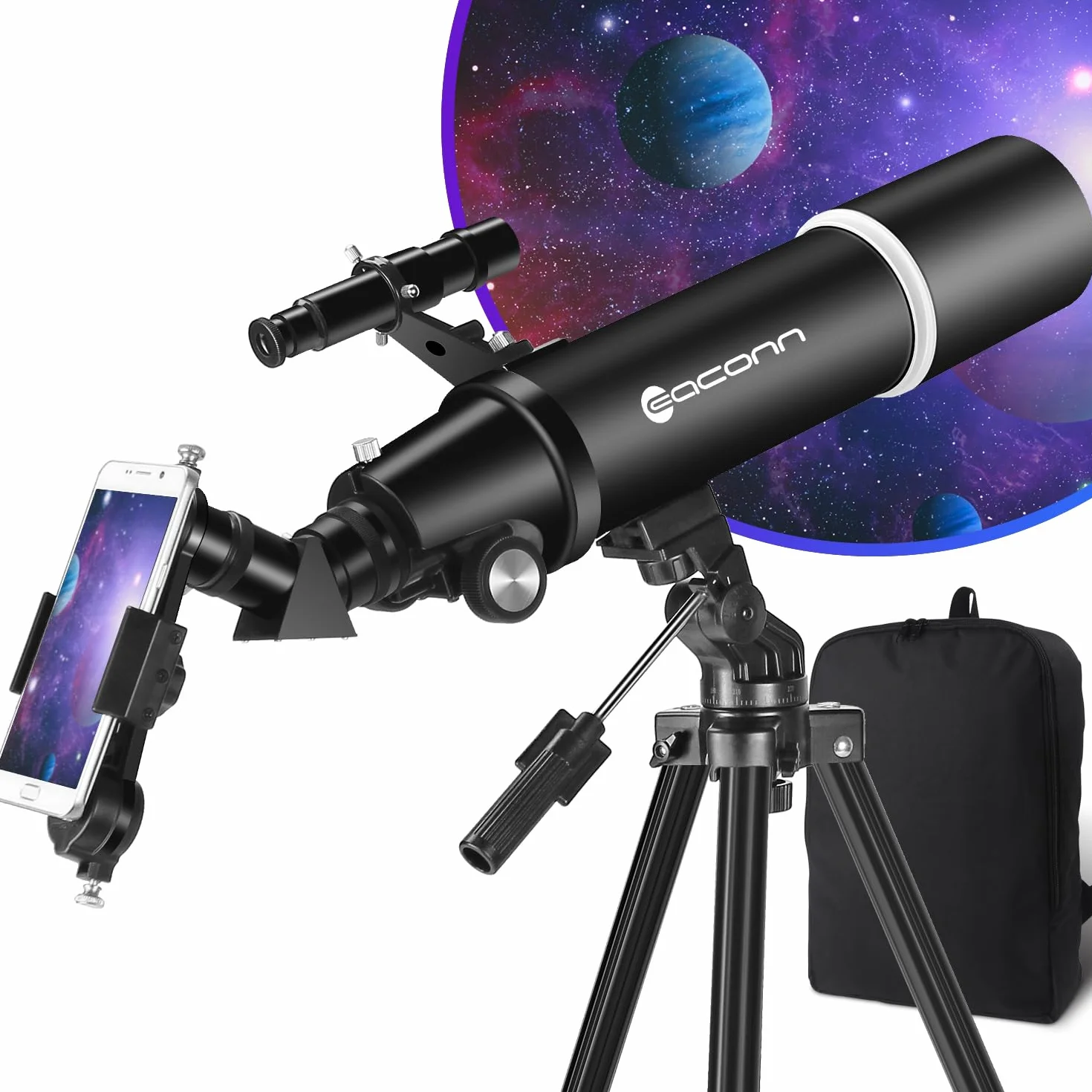 Telescopio Astronomia per Adulti e Principianti - Apertura 80 mm, 600 mm, Portatile da Viaggio per Bambini con Treppiede, Adattatore per Telefono e Zaino