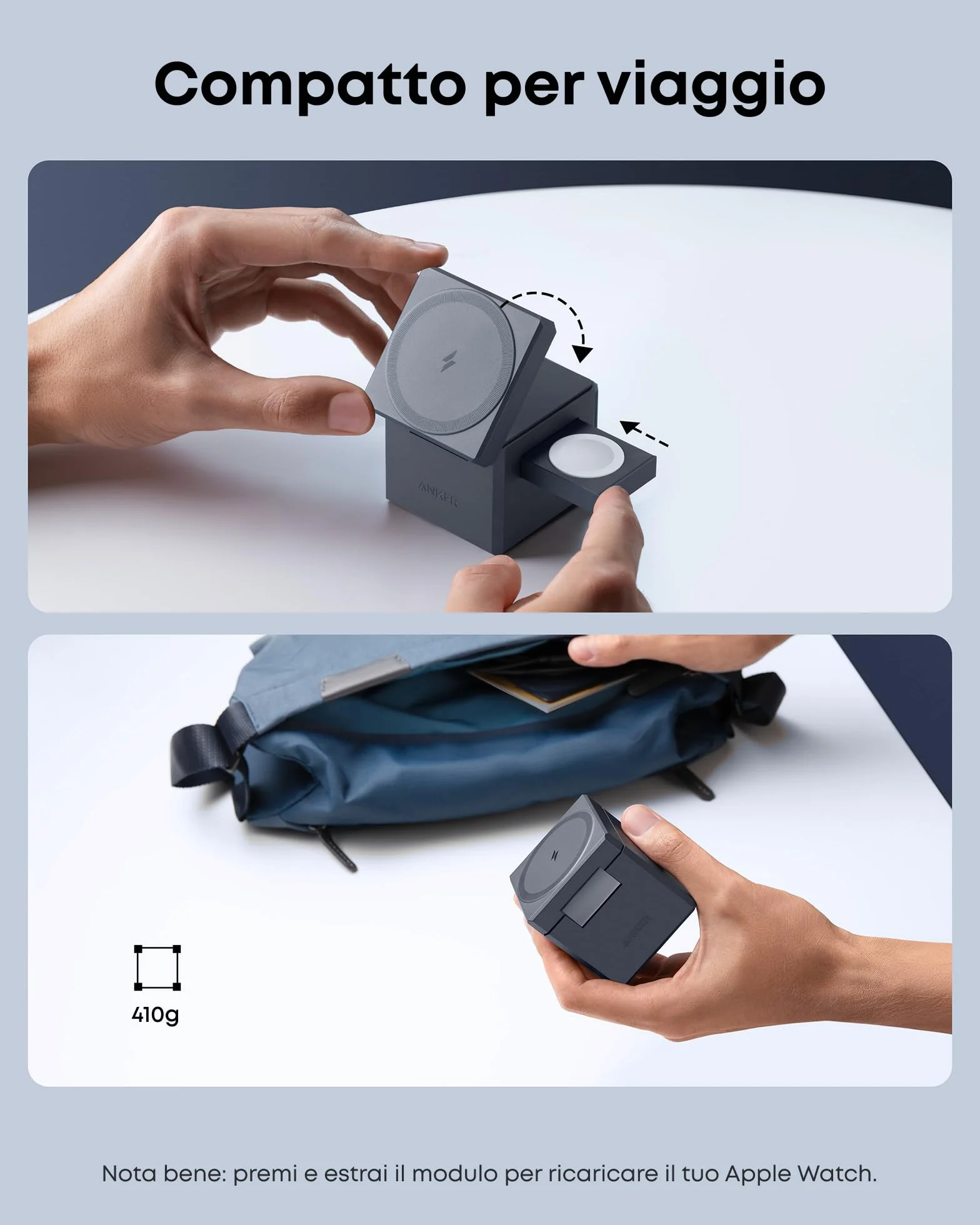 Anker MagGo Caricatore Wireless iPhone Cube 3 in 1 con MagSafe 15W, Caric Wireless Richiudibile Ricarica Rapida Max 15W, iPhone 17 Pro Max/Serie 16-12, Apple Watch, AirPods Pro (con Caric USB C 30W)