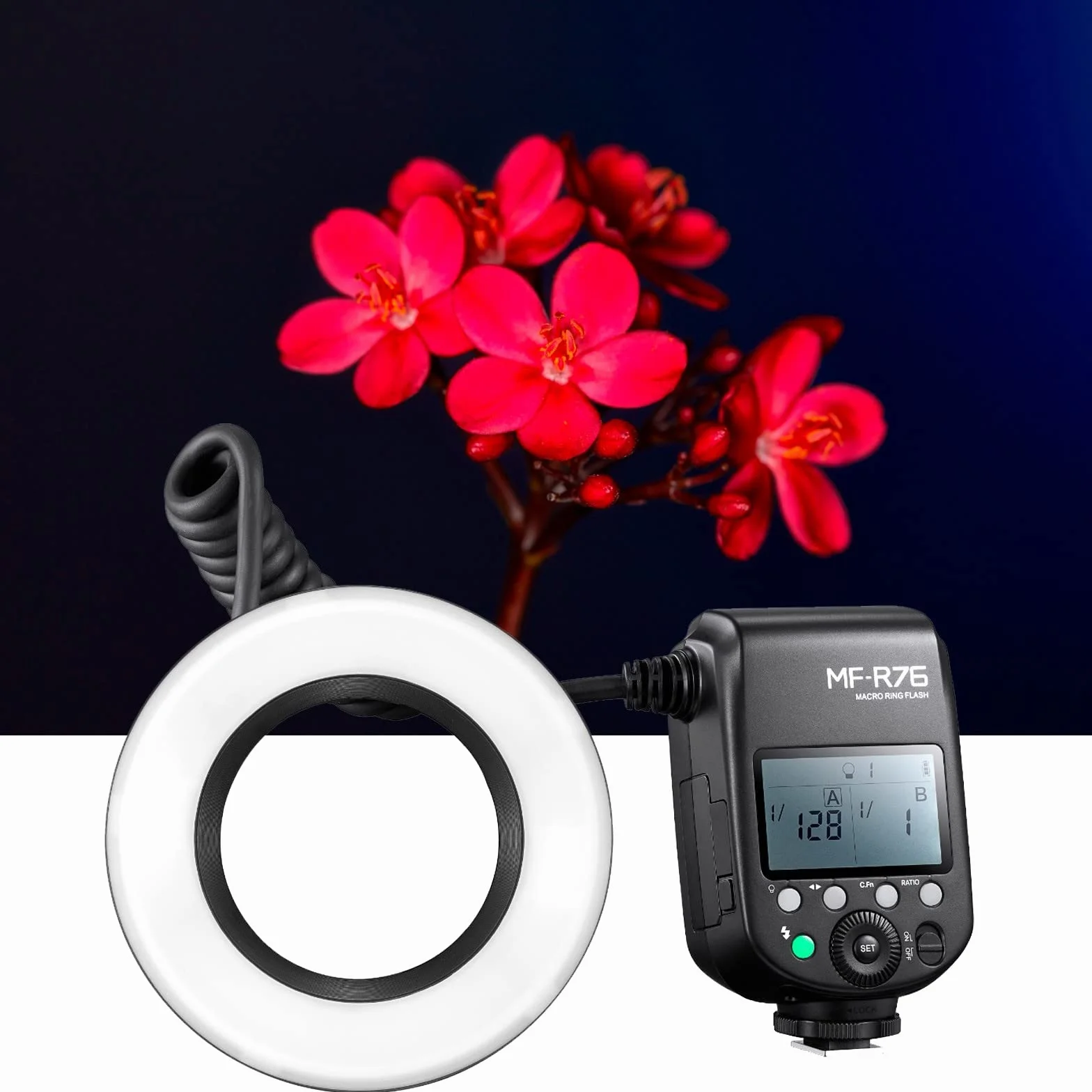 GODOX MF-R76 Anello LED Macro Speedlite 76Ws 660 Tubi Dual-Flash a piena potenza Regolazione della potenza da 1/128 a 1/1 10 livelli di rapporto di potenza per fotocamere DSLR Canon Nikon Sony Fuji
