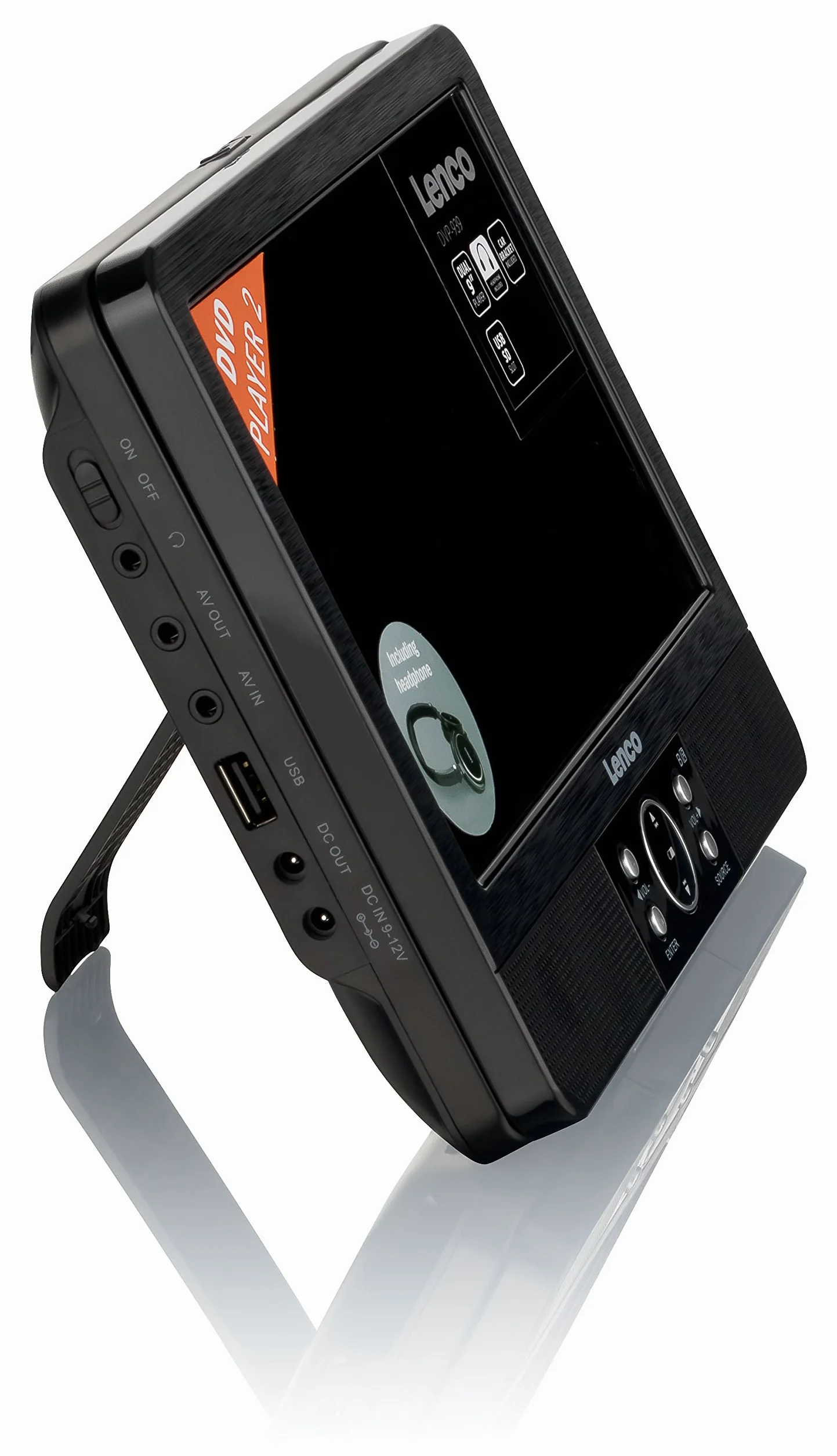 Lenco DVP-939 - Lettore DVD portatile da 2 x 9 pollici con 2 cuffie e 2 supporti per poggiatesta - batteria ricaricabile integrata - ingresso USB - lettore di schede SD - nero