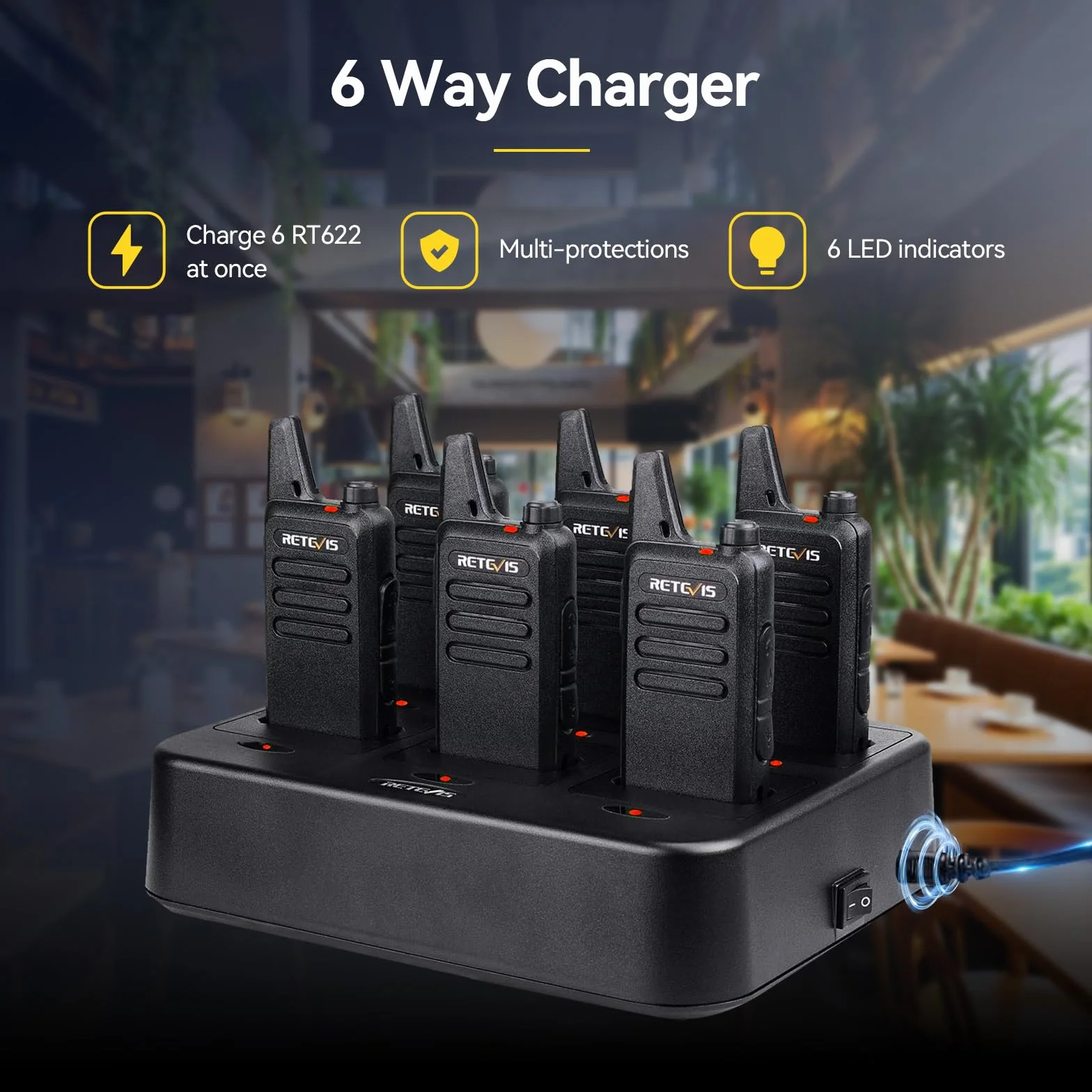 Retevis RT622 Walkie Talkie, Walkie-Talkie Professionali con Caricabatterie a 6 Vie, PMR446, Mini e sottile, VOX, Walkie Talkie Ricaricabili per Scuole, Al Dettaglio, Ristoranti (6 Pezzi, Nero)