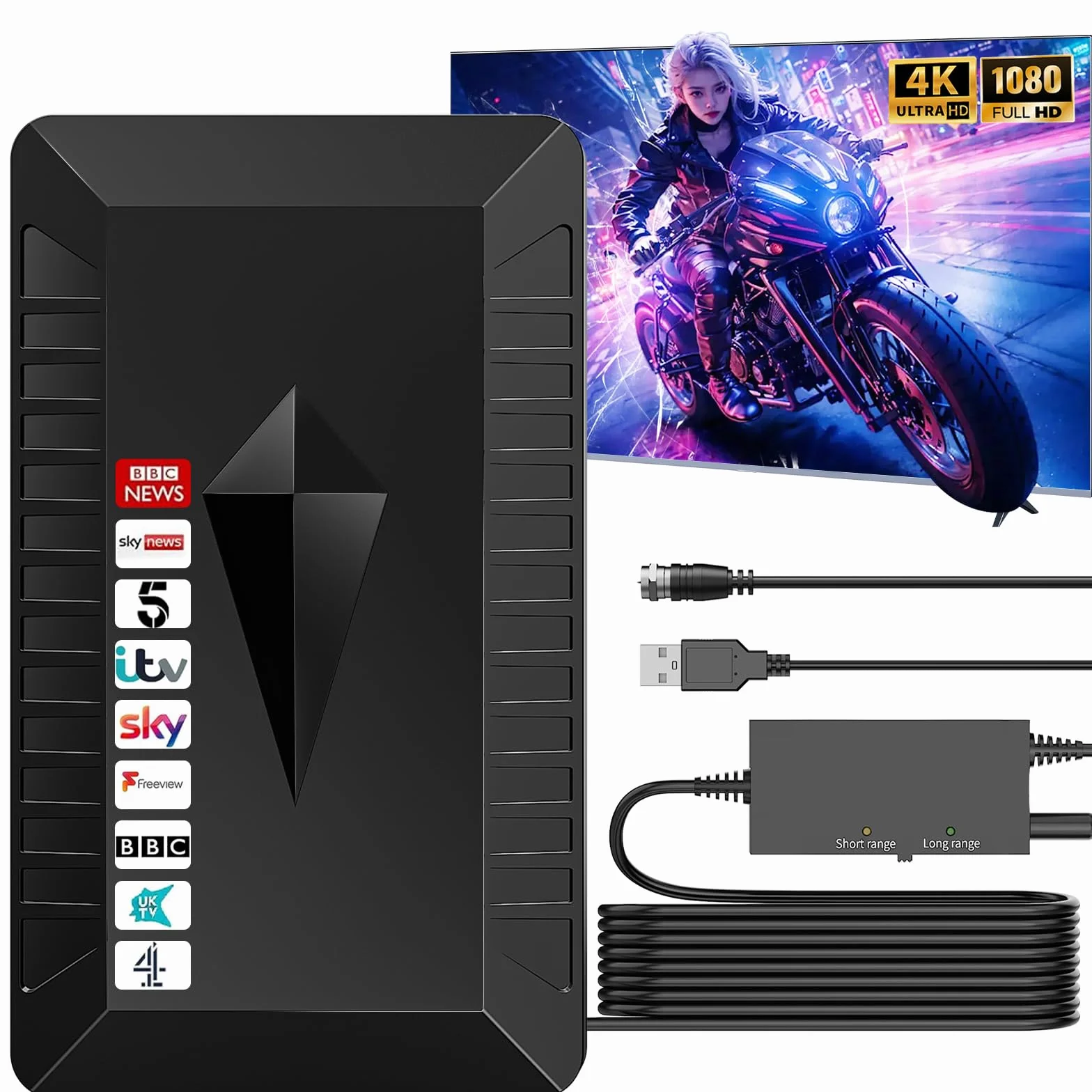Antenna TV Interna Amplificata Potente e Portatile,650KM+ Antenna Digitale Terrestre da Interno/Esterna Amplificata Potente Supporto 4K 1080p DVB-T/DVB-T2 VHF UHF, Cavo Coassiale 10M