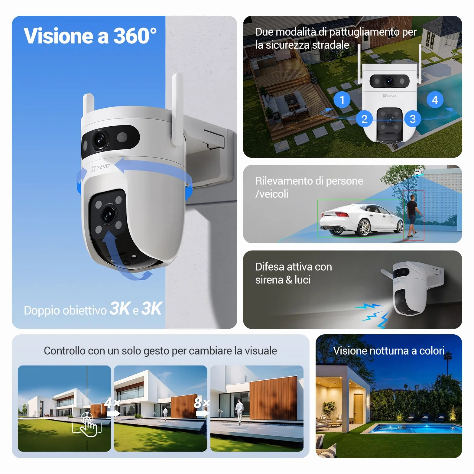 EZVIZ 10MP (5MP+5MP) Telecamera WiFi Esterno con Doppia Lente, Telecamera per Esterni a 360°, Visione Notturna a Colori, Rilevamento Persone/Veicoli, Audio Bidirezionale, Impermeabile, C9c Dual 3K