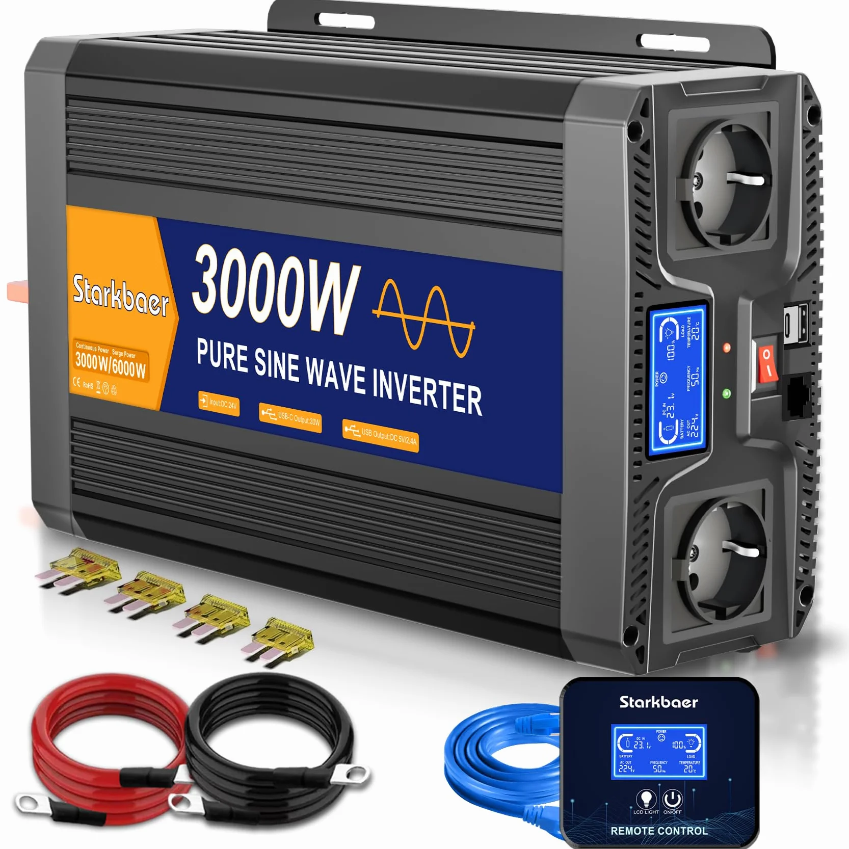 3000W/6000W Inverter 24V 220V Onda Pura, Trasformatore 220V 24V, Convertitore per Auto, Con schermo LCD, telecomando, presa CA e USB-C. Per camper, auto, solare, campeggio e blackout [Classe A+]
