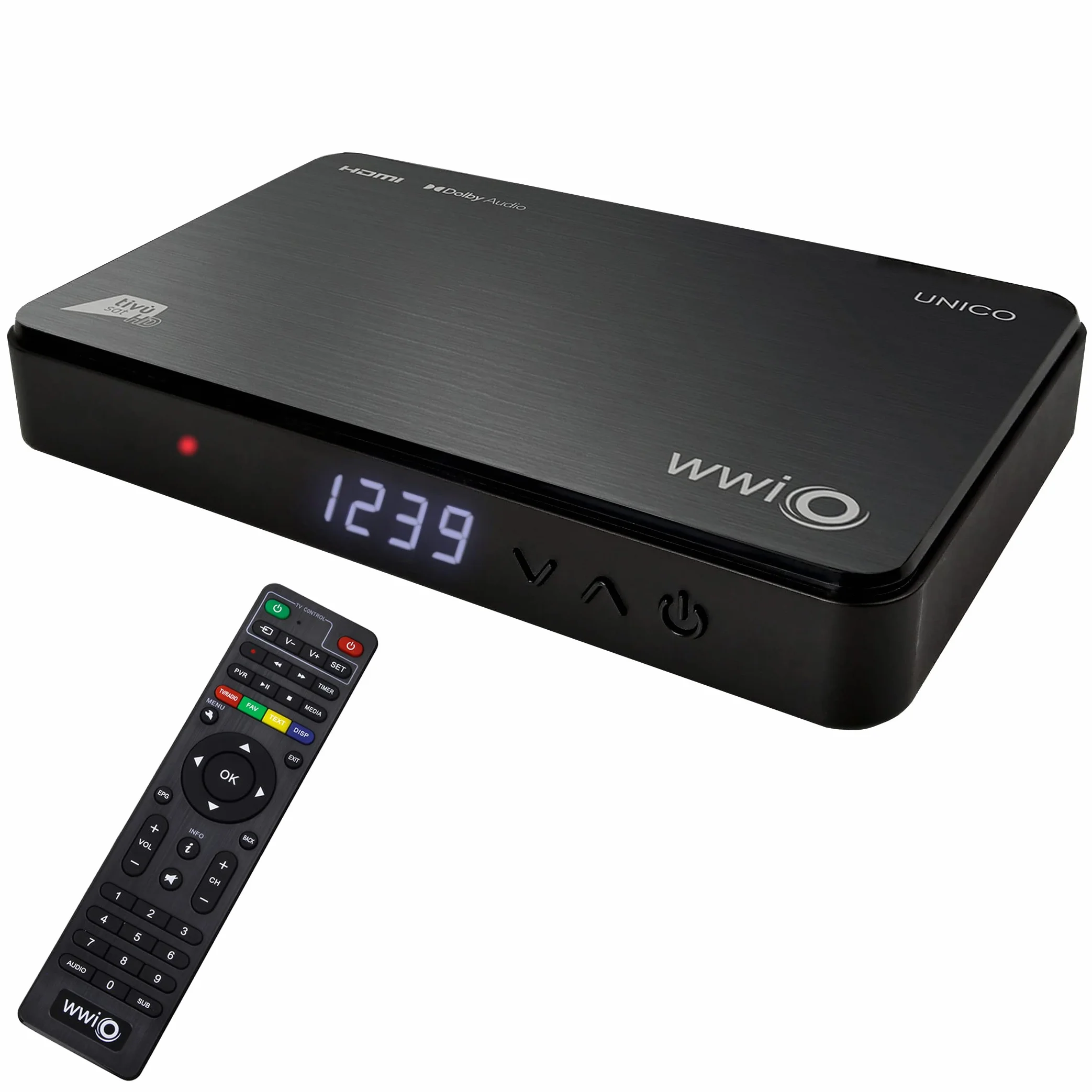 Decoder Ricevitore Digitale Satellitare 12 Volt HDMI e Scart Certificato Tivusat HD WWIO UNICO DVB-S2 Con Card Tvsat Inclusa e Telecomando 2 in 1 Nero