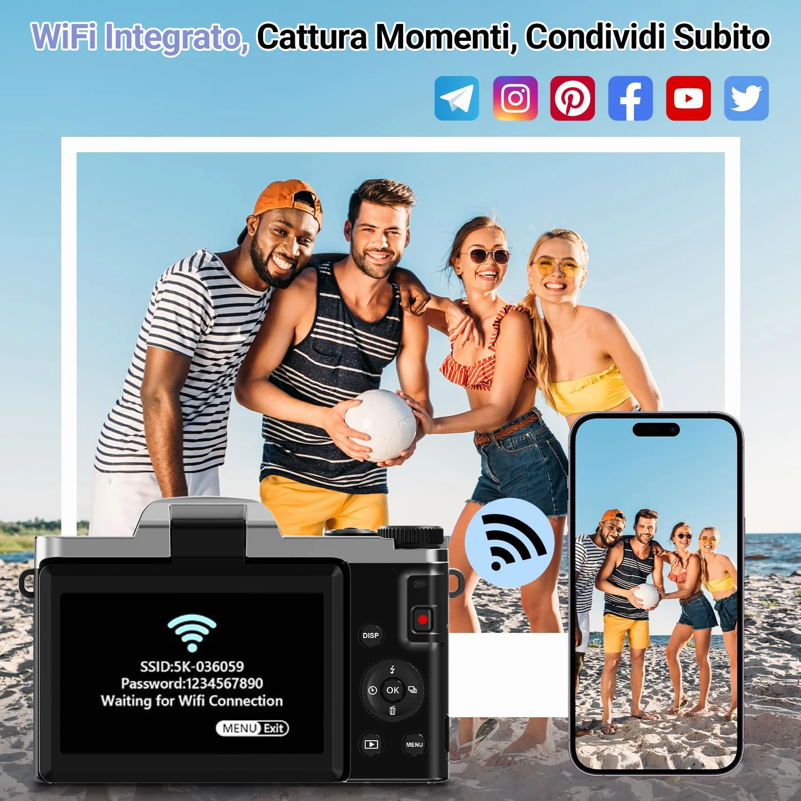 Fotocamera Digitale WiFi 4K 64MP Macchina Fotografica Digitale Compatta con Schermo Ribaltabile 3” 180°, Autofocus, Zoom Digitale 16X, Flash, 2 Batterie e Scheda 32GB per Vlogging e Fotografia