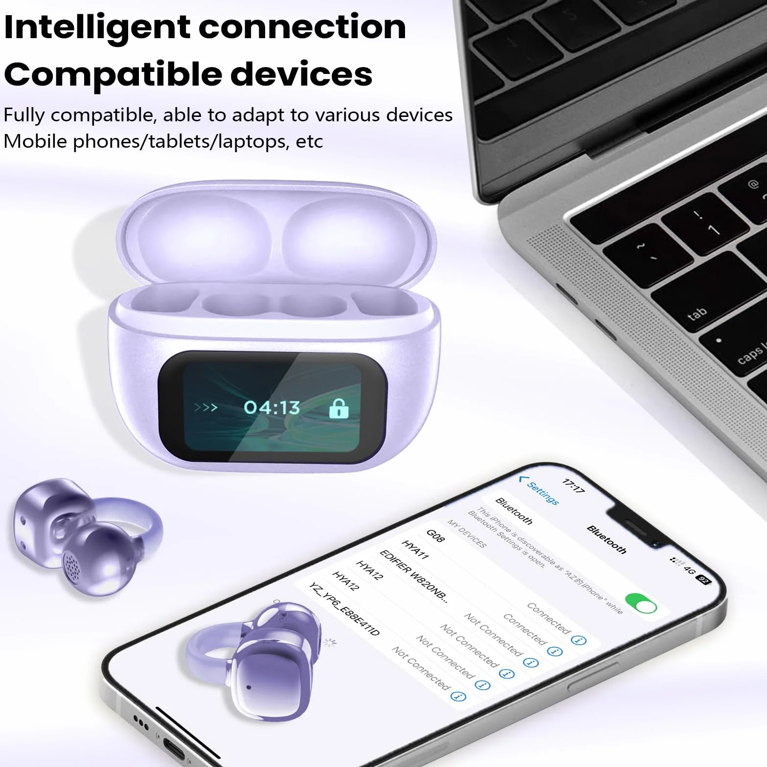 PTHTECHUS Cuffie Auricolari Aperte, Touchscreen Intelligente Auricolare Con Clip, Cuffia Traduzione, 3.7g Ultraleggero Comfort, 65 ore di Riproduzione, Auricolari Open Ear Bluetooth 5.4 (VIOLA)