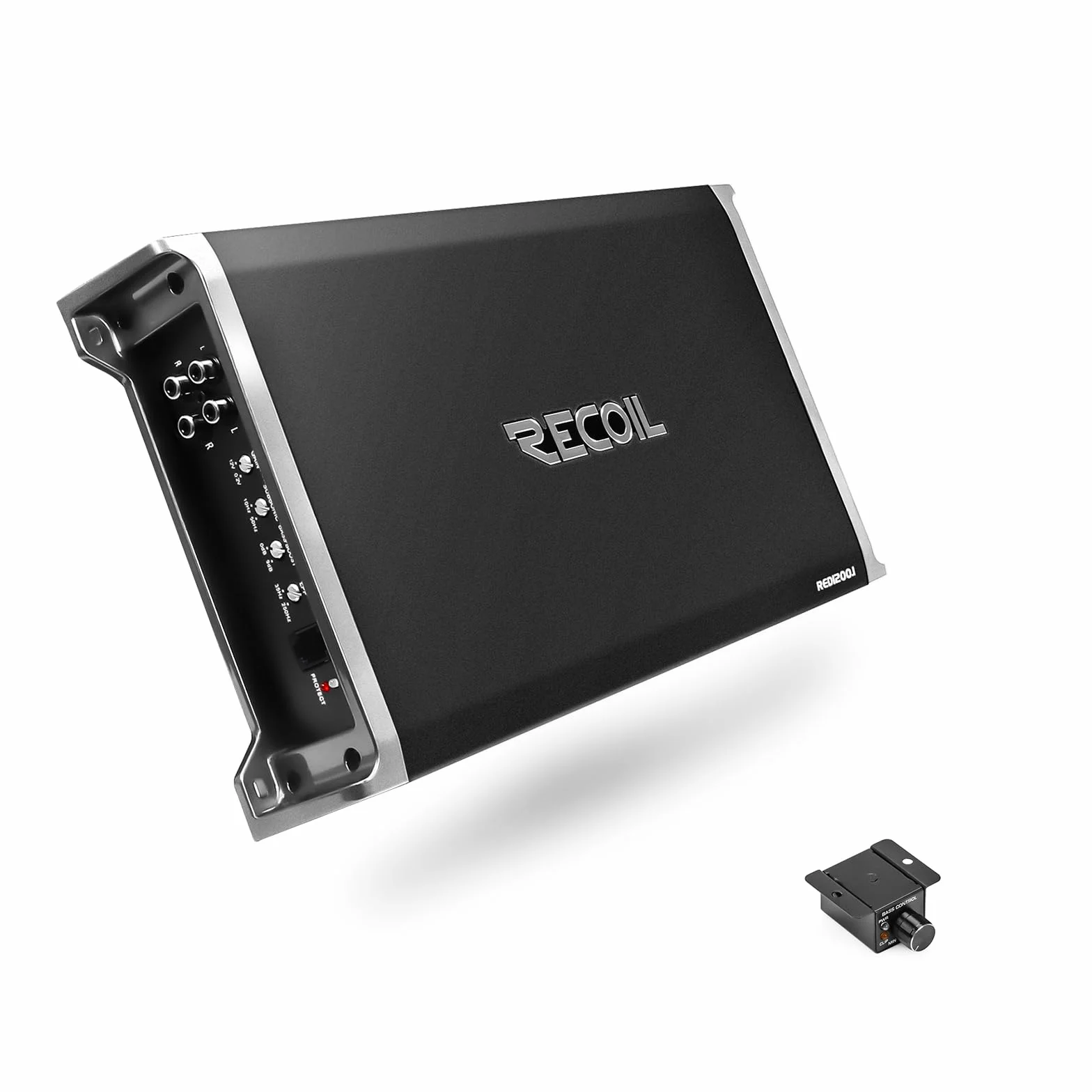 RECOIL RED1200-1 Amplificatore subwoofer monoblocco per auto in classe D da 2500 Watt, 1 Ohm stabile, manopola dei bassi remota inclusa