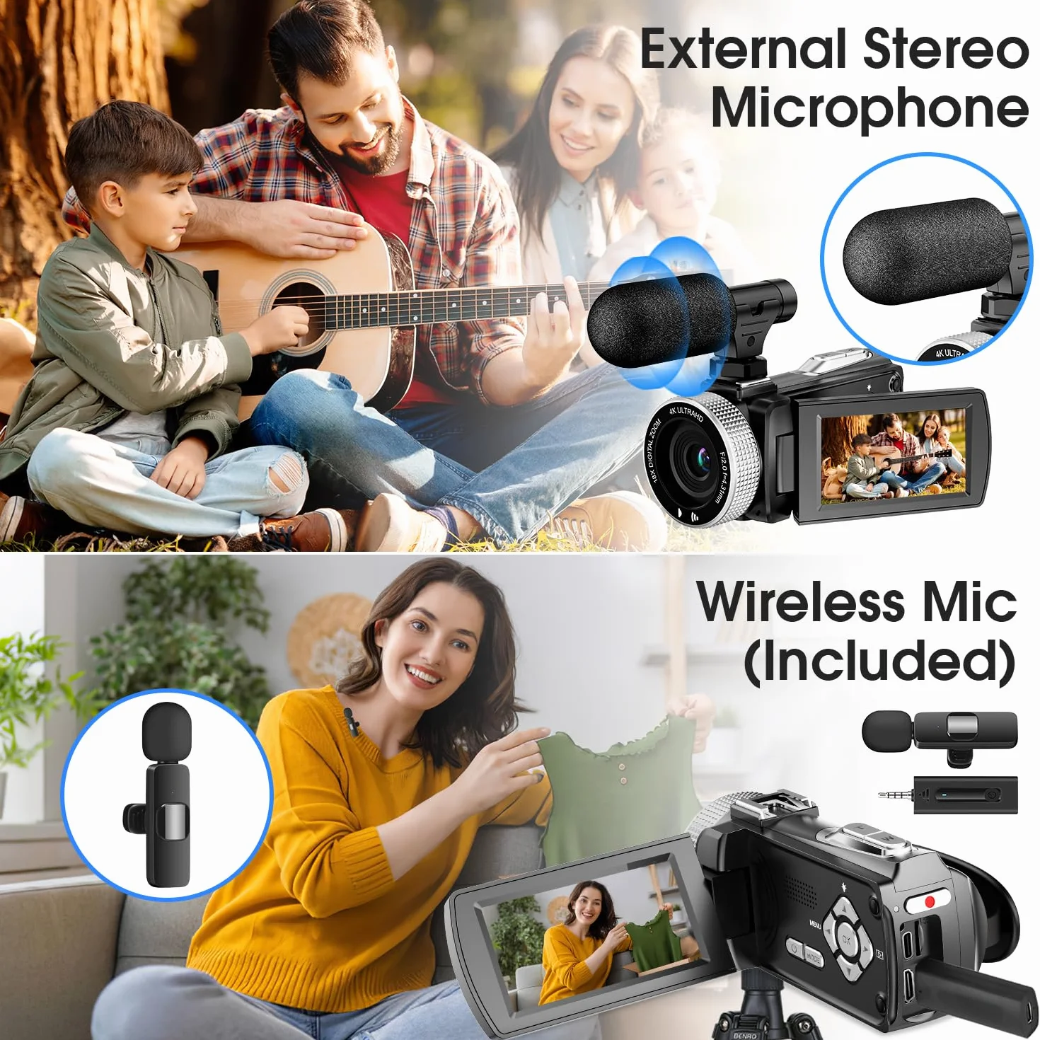 Videocamera 4K 48MP Foto/Videoregistratore 4K 60FPS, Videocamera Digitale per YouTube Vlogging con Microfono Wireless/Scheda SD/2 Batterie/Telecomando