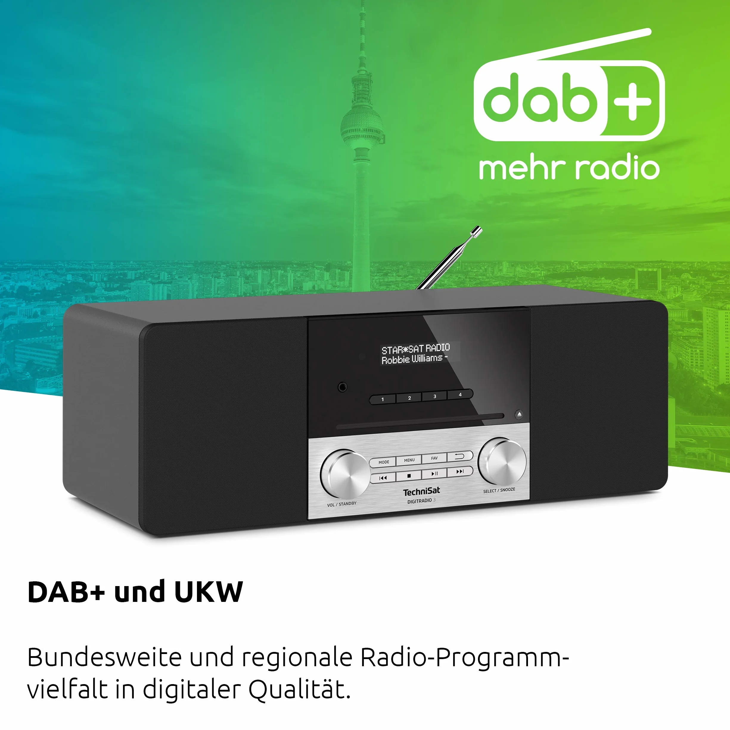 TechniSat DIGITRADIO 3 - Radio Stereo DAB, Impianto compatto (DAB+, VHF, Lettore CD, Bluetooth, USB, Ingresso per cuffie, Ingresso AUX, Radiosveglia, Display OLED, 20 Watt RMS), Nero