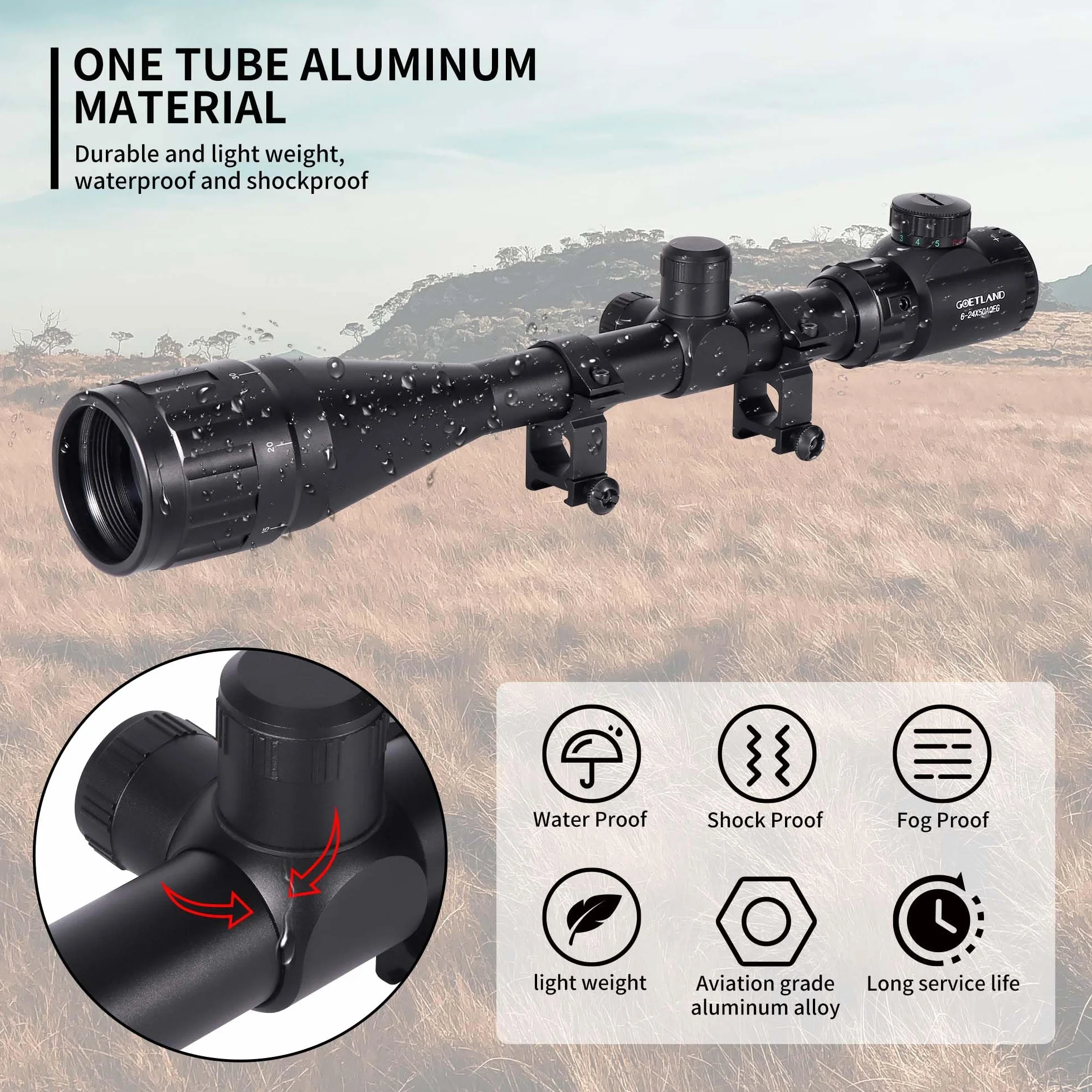 Goetland Lunettes de Visée 6-24x50 AOEG Télémètre Rouge Vert Bleu Illuminé SFP pour Chasse Airsoft Tir Sportif