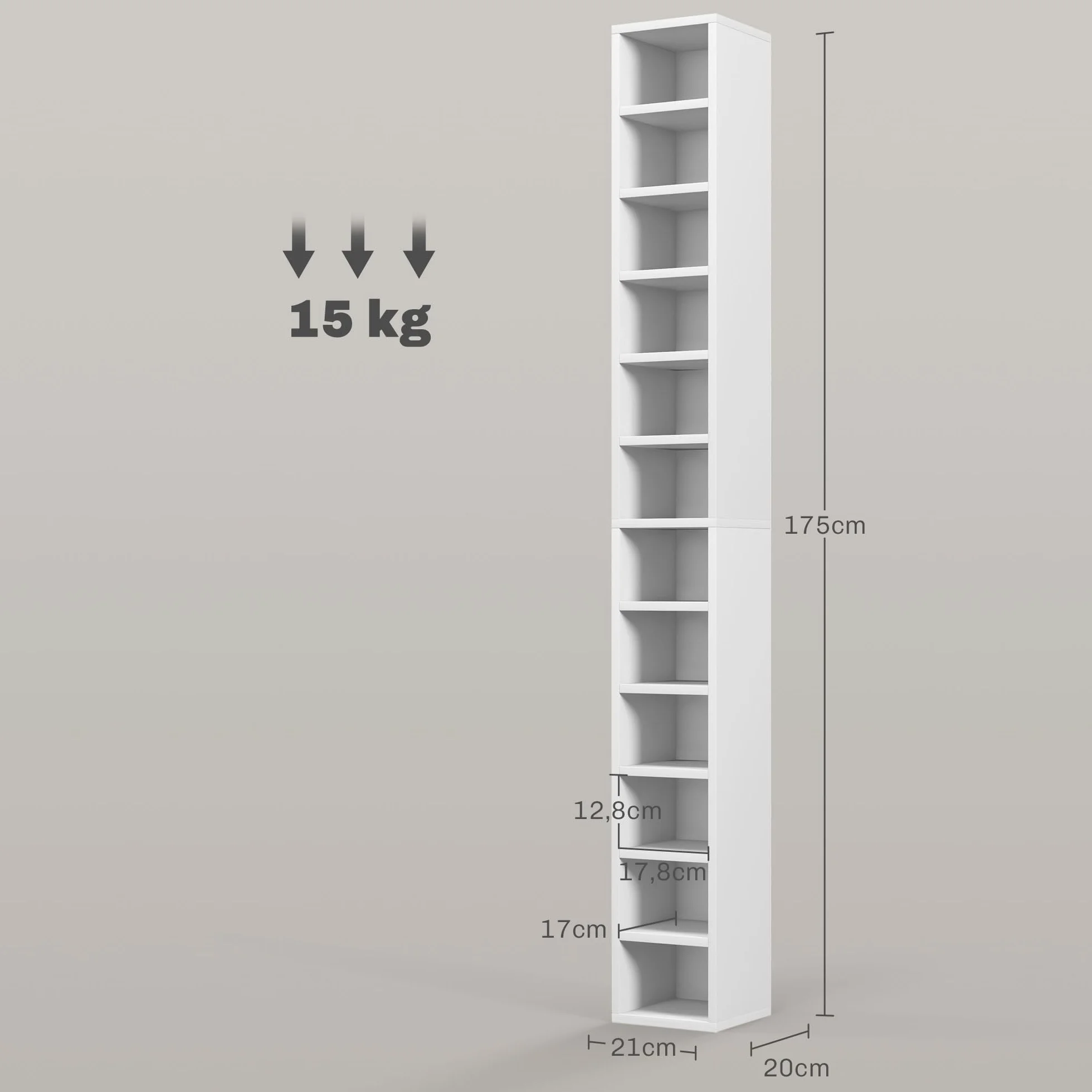 HOMCOM Contenitori per CD e DVD, ripiano a colonna, contenitore con 12 scomparti, capacità massima 204 CD, 21 x 20 x 175 cm, bianco