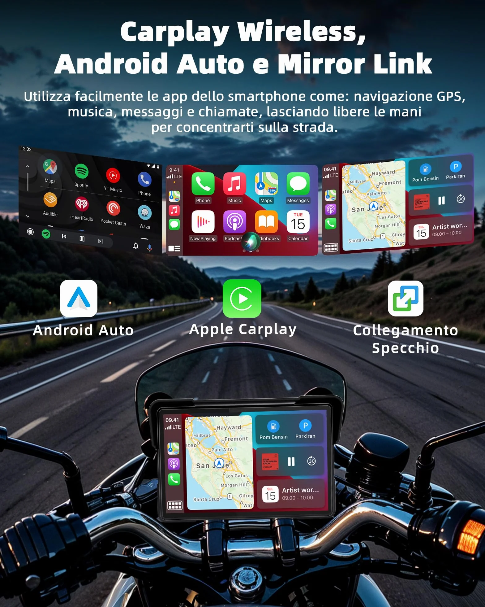 Jansite 7 Pollic Schermo Carplay Moto Android Auto, Navigatore Moto IP67 Impermeabile Schermo con Doppio Bluetooth Siri/GoOgle Assistant