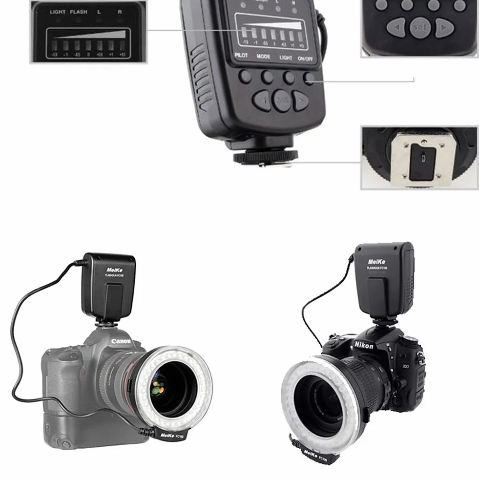 Meike LED Macro Anello Flash Light FC-100 per Canon Nikon Pentax Olympus DSLR Camera Camcorder con anelli adattatori