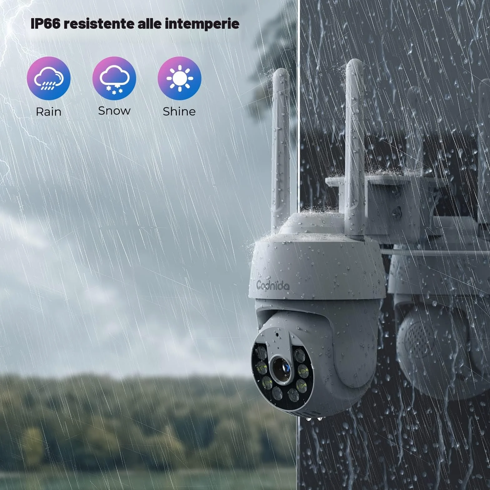 2K Telecamera Wi-Fi Esterno con vista a 360°, Codnida 3MP Videocamera Sorveglianza con fili PTZ Telecamera con Visione Notturna, Tracciamento Automatico del Movimento,Allarme Sonoro e Luminoso