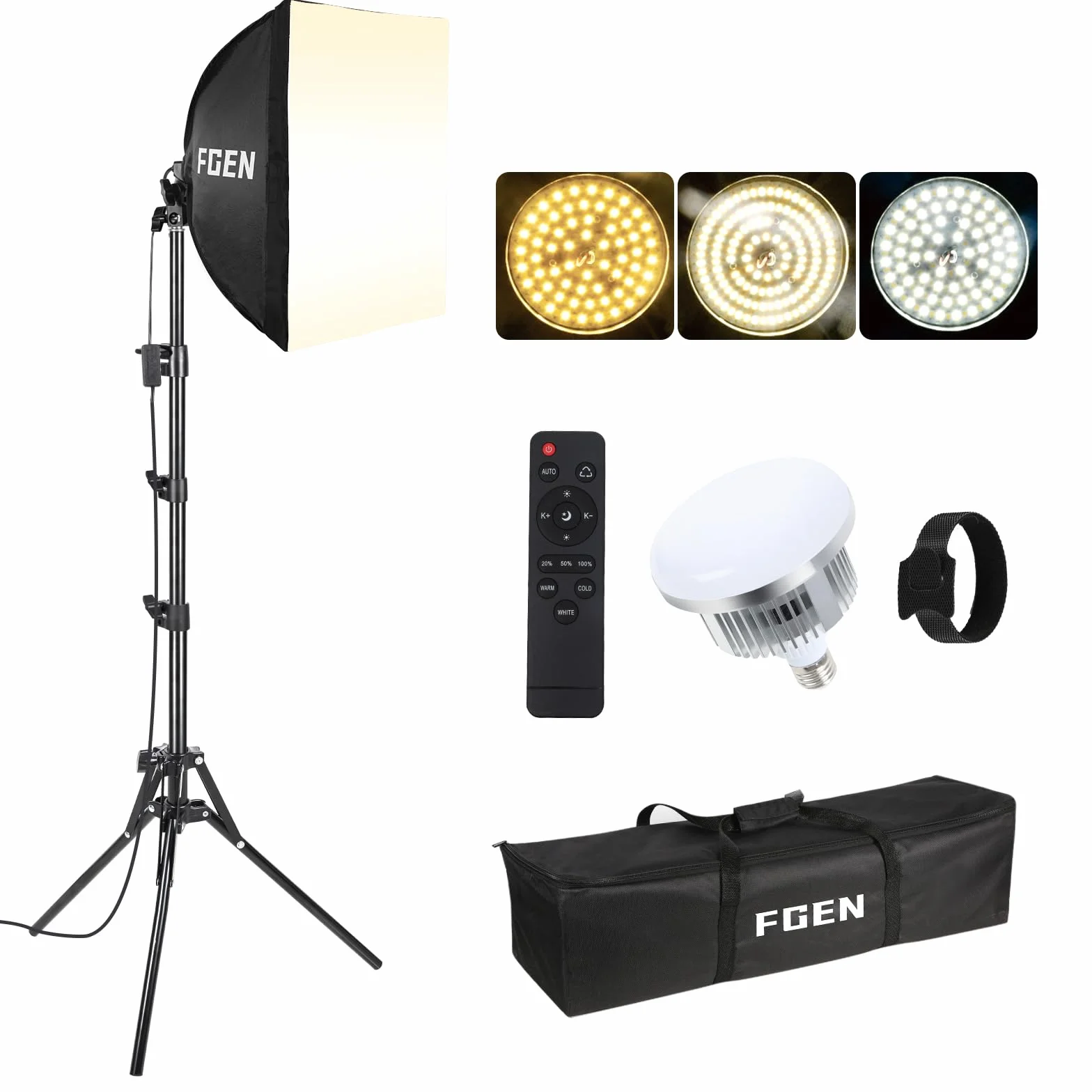 FGen Softbox Set,1x40x40cm Softbox lunghezza del cavo ottico 300cm con 85W 2700-6400K perline LED e regolabile 150cm Sostegno, riprese video e fotografia di prodotto