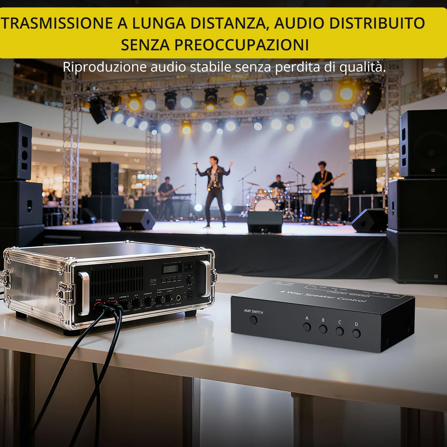 PROZOR Commutatore Altoparlanti 4 Zone Switch Passivo 1 Ingresso 4 Uscite 150W/Canale Selettore Passivo Altoparlanti 4 Zone Controllo Indipendente Zone A/B/C/D con Interruttore Master
