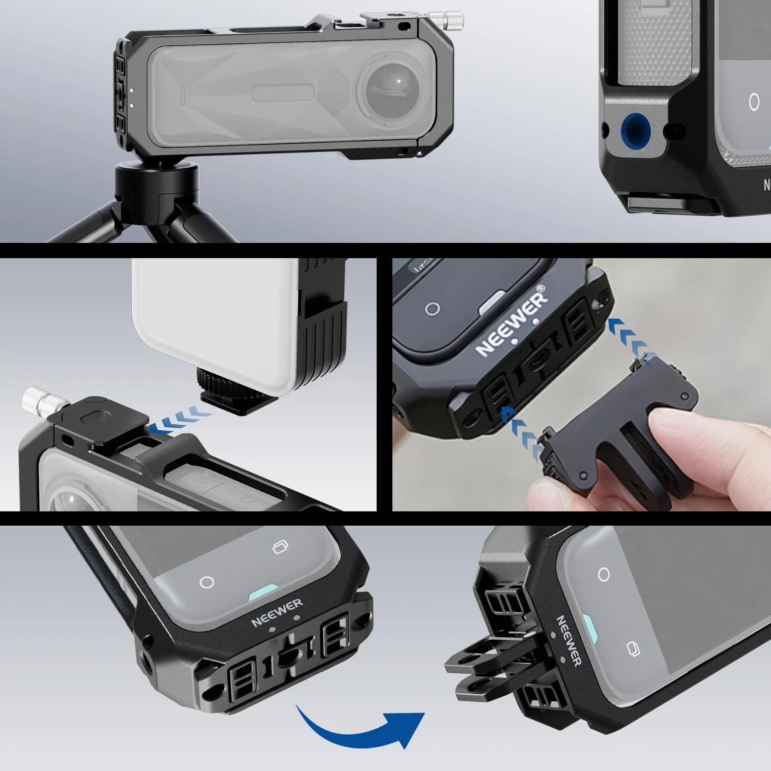 NEEWER Gabbia Fotografica per Insta360 X5, Custodia Protettiva, Telaio Lega Alluminio per Video Rig con Sgancio Rapido, Adattatore Montaggio, Filettature 1/4", Paraluce, Accessori per Action Camera