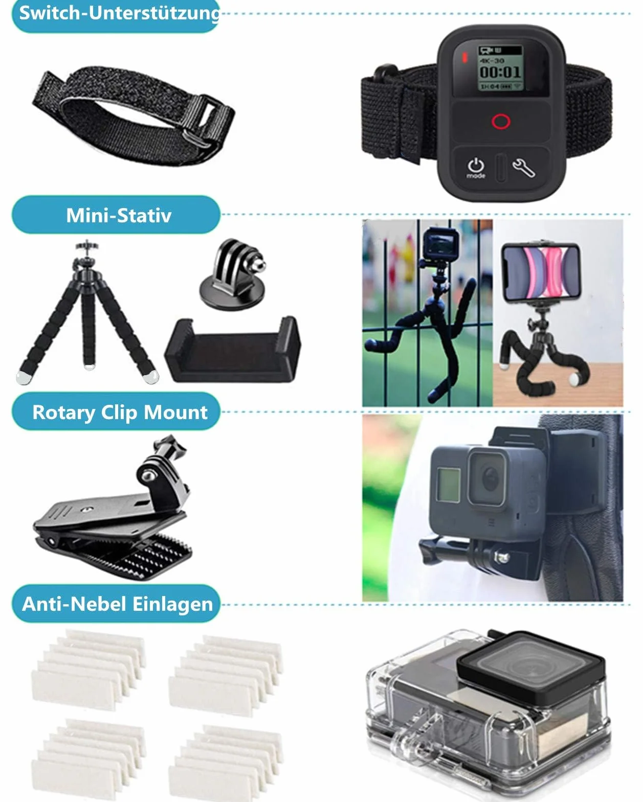 DIKER Kit Accessori per Action Cam 70 in 1, Compatibile con Gopro Hero 13 12 11 10 9 8 DJI AKASO OSMO Insta360 SJCAM Action Cam, per ciclismo, corsa, skateboard, arrampicata