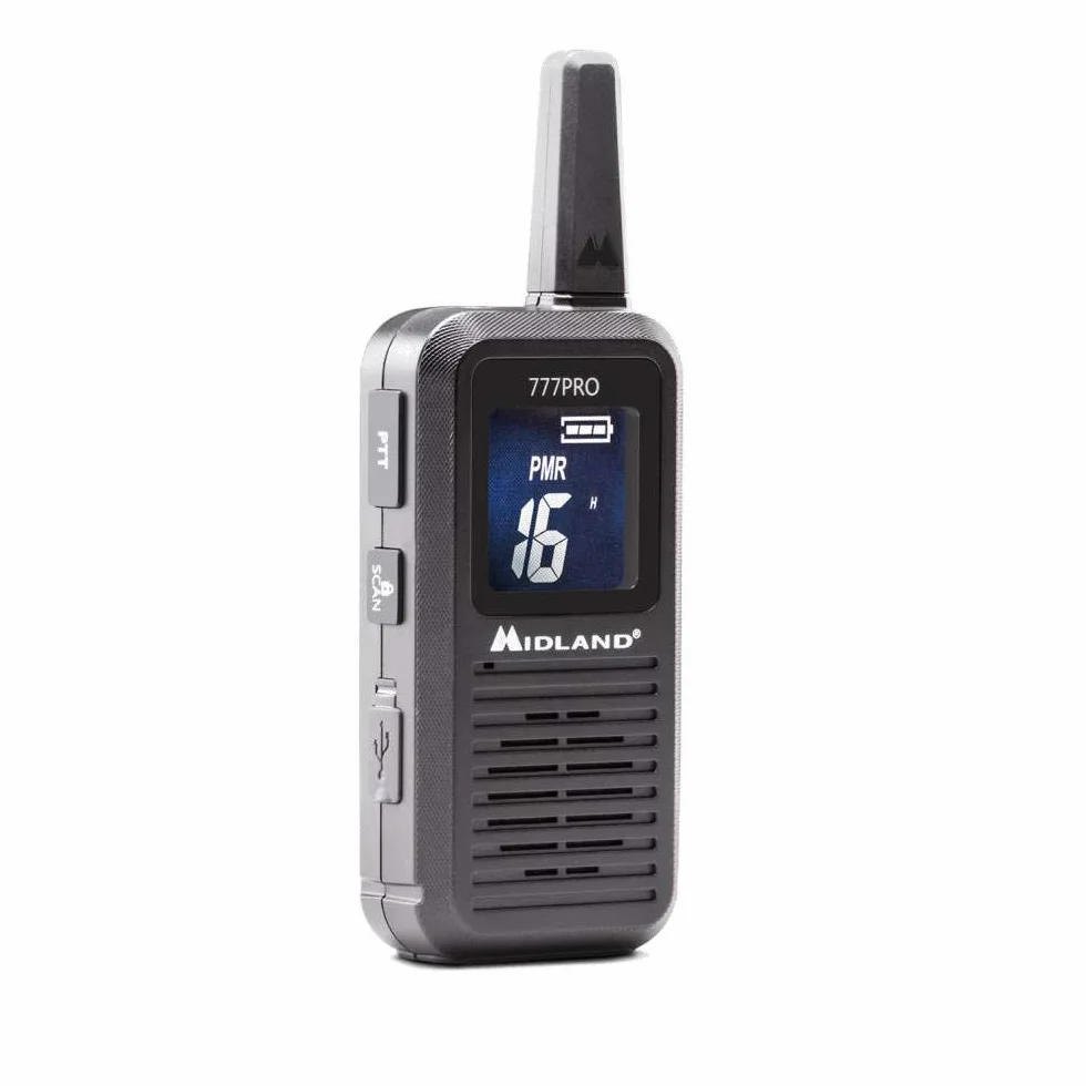 Midland - Walkie Talkie 777 Pro, 2 Ricetrasmittenti Professionali per Security, 85 Canali - 16 PMR446/69 LPD, 38 CTCSS e 104 DCS, Autonomia 14H, Copertura 6Km, Display Digitale, Batterie Ricaricabili