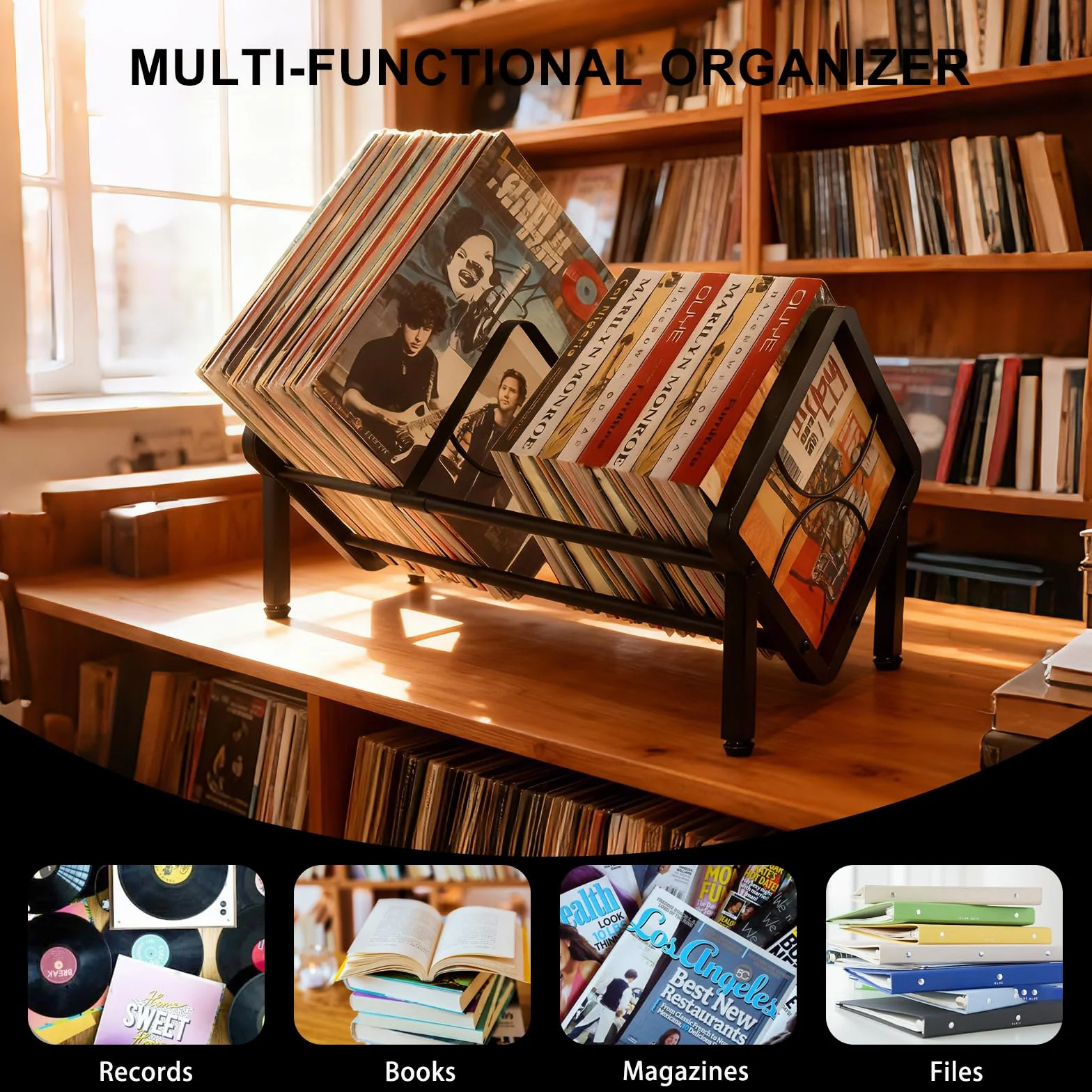 Scaffale regolabile per dischi in vinile, espandibile da 80 a 100 LP, supporto per dischi in vinile, inclinabile, per ufficio, casa, camera da letto, per CD, libri, riviste, documenti