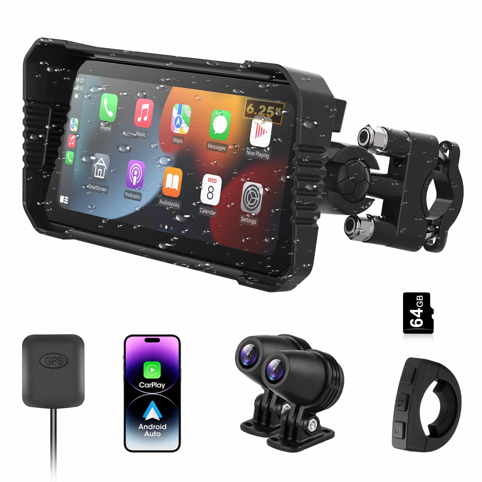 Vtopek Carplay Moto 6,25 Pollici Dashcam 4K+1080P Dual Camera Impermeabile Navigazione GPS Bluetooth Siri 64GB