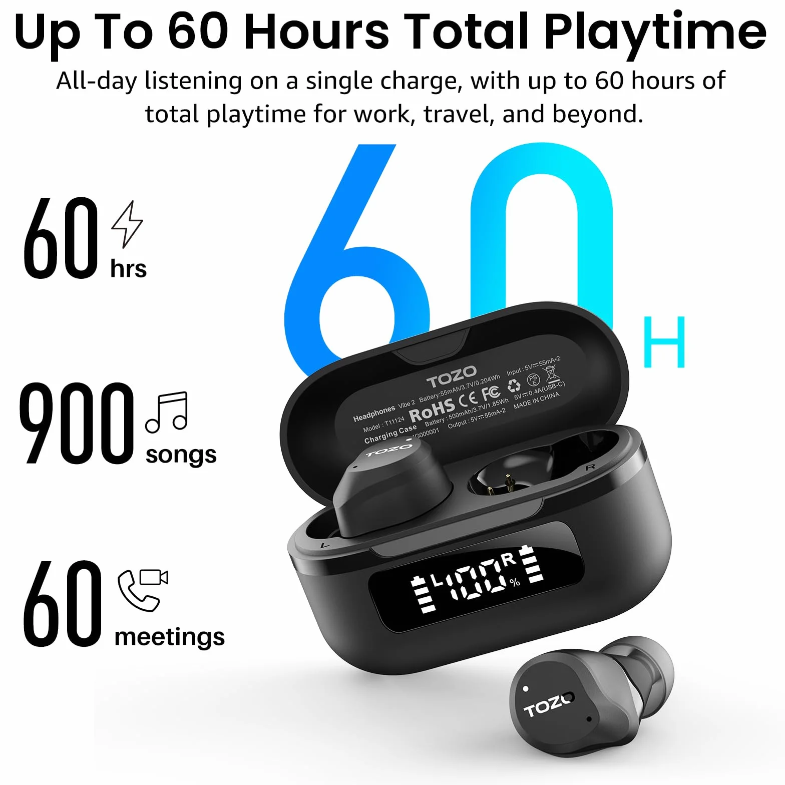 TOZO NC9 Cuffie Bluetooth 5.3 con ANC Ibrido, 6 Mics ENC, Suono OrigX 2.0, 60 Ore di Autonomia, Modalità Trasparente, IPX8, Ricarica USB-C, Comode e Facili da Usare per Lavoro, Gioco e Commuting Nero