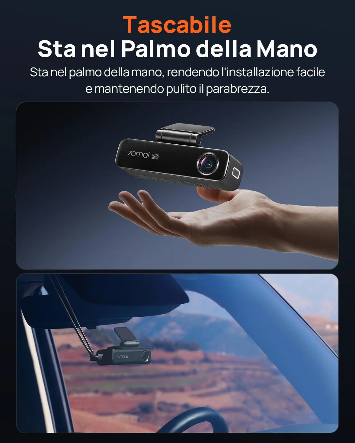 70mai Dash Cam Auto 4K M800 Anteriore e Posteriore, STARVIS 2 IMX678 Super Visione Notturna e Apertura F1.7, Doppio HDR, Supporto 4G LTE e Wi-Fi 5GHz, eMMC da 128 GB Integrata, GPS, Controllo Vocale