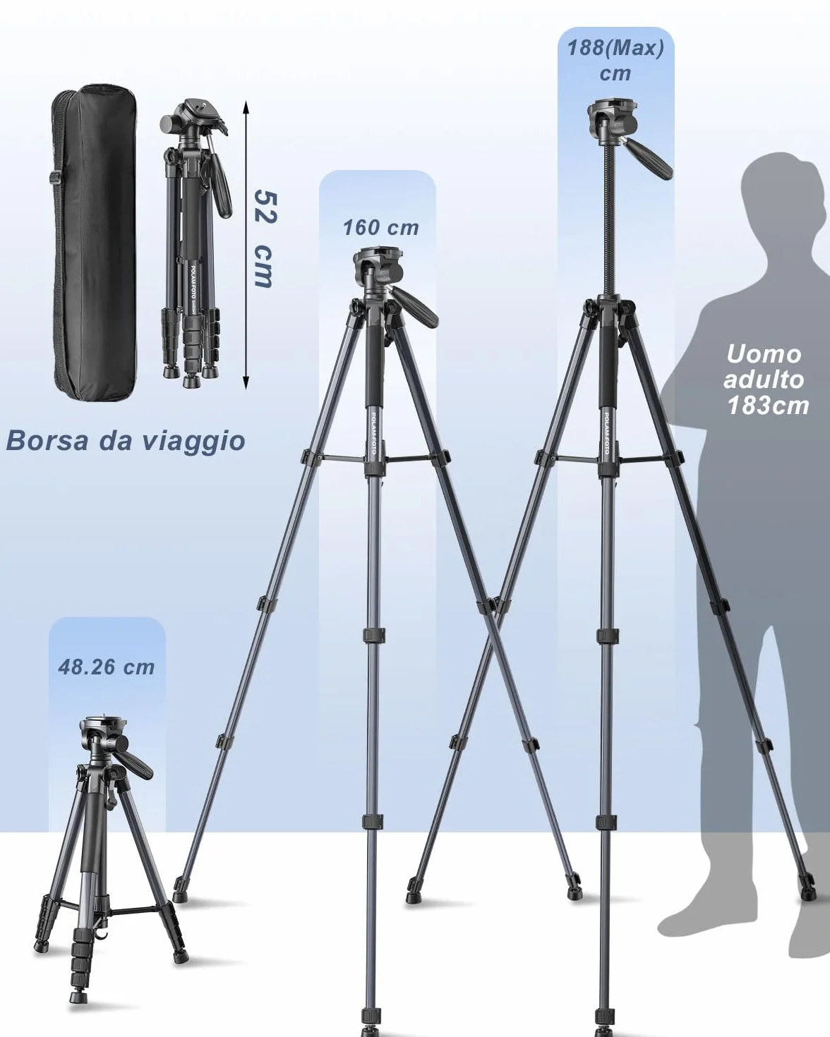 POLAM-FOTO Treppiede per fotocamera da 188 cm, treppiede Porfessional in alluminio resistente, treppiede compatto con borsa per il trasporto, con supporto per telefono grigio