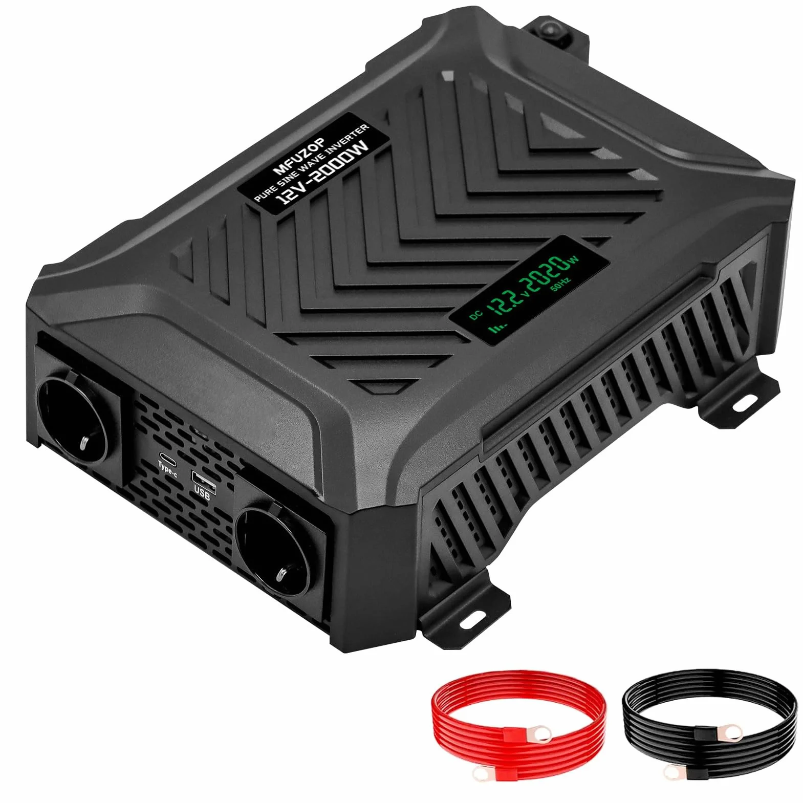 Inverter 12V DC a 220V AC 2000W Onda Sinusoidale Pura, Trasformatore Potenza Pico 4000W, Convertitore con Display LCD, 2 Presse AC, Porta USB-C e 1 Porta USB-A per Casa, Camper, Camion e Auto