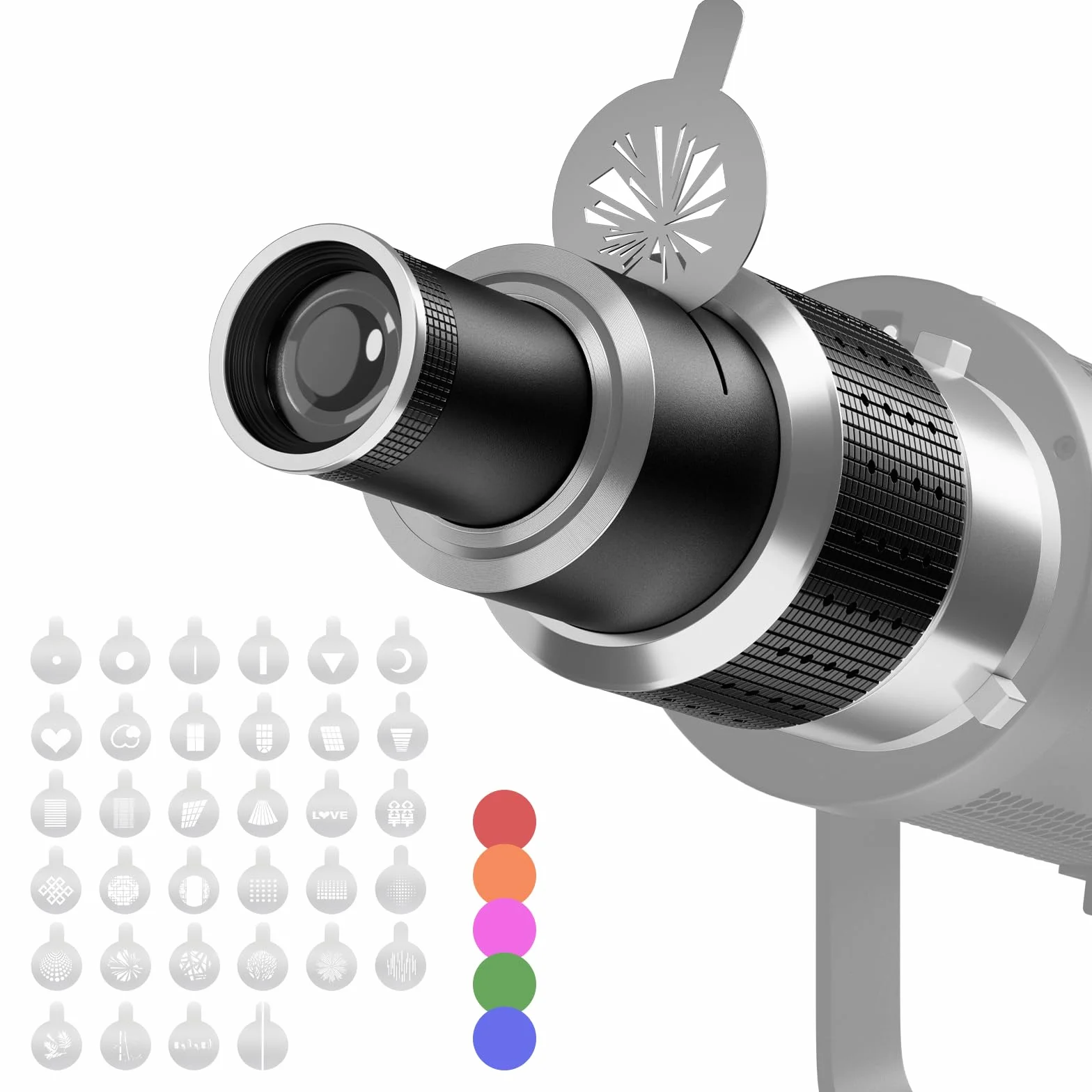 Soonpho LED con Messa a Fuoco Ottica Snoot con Attacco Bowens,Proiettore GOBO in Alluminio Bowens con 5 Filtri Colorati e 35 Modelli GOBO per Luce LED Monolight,Faretto,Flash da Studio,Luce Continua