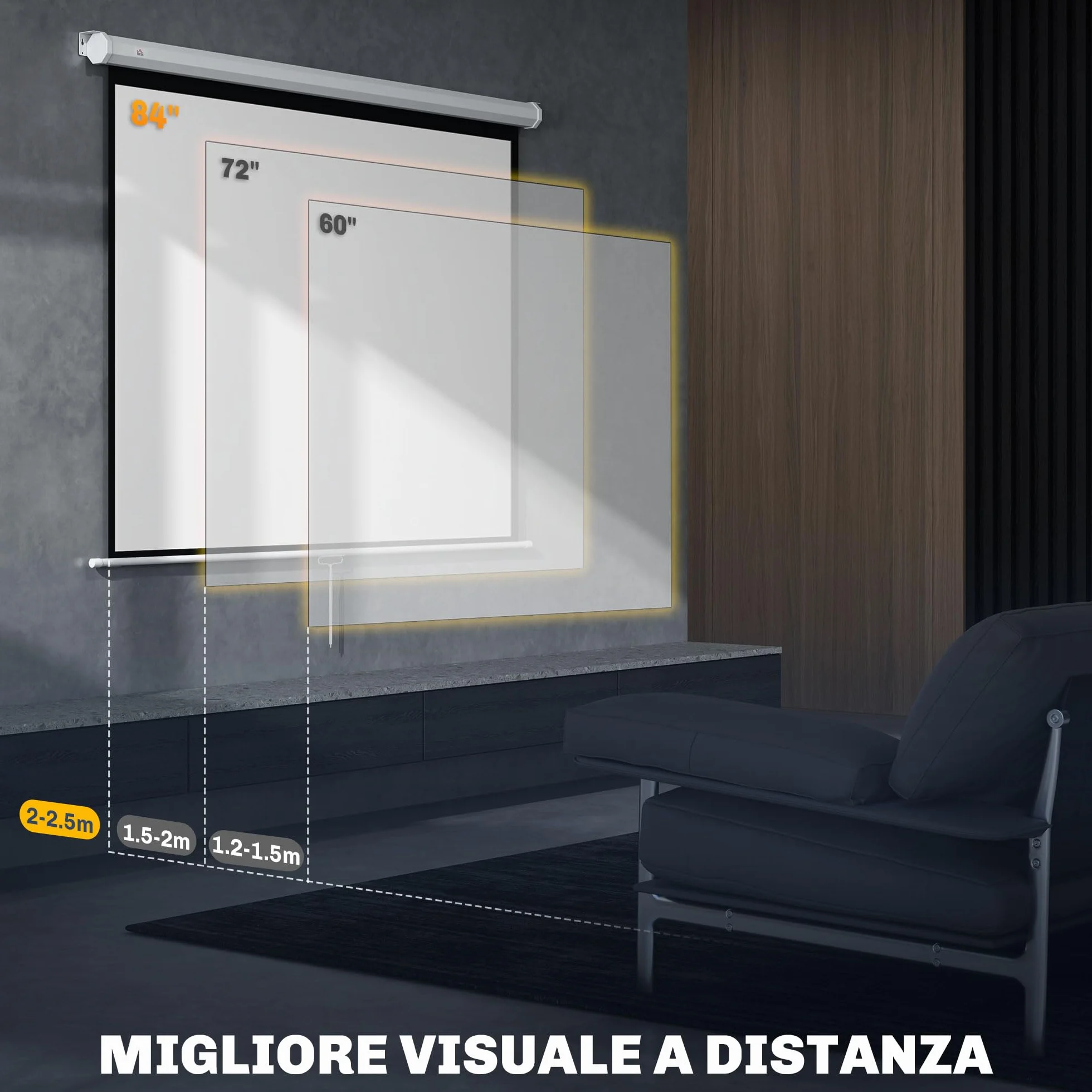 HOMCOM Telo Proiettore da 84 Pollici 4K HD Formato 4:3, Altezza Regolabile Manuale, Schermo Proiettore da Parete Soffitto, Grandangolo 160°, Telo Videoproiettore per Casa Home Cinema Ufficio, Bianco