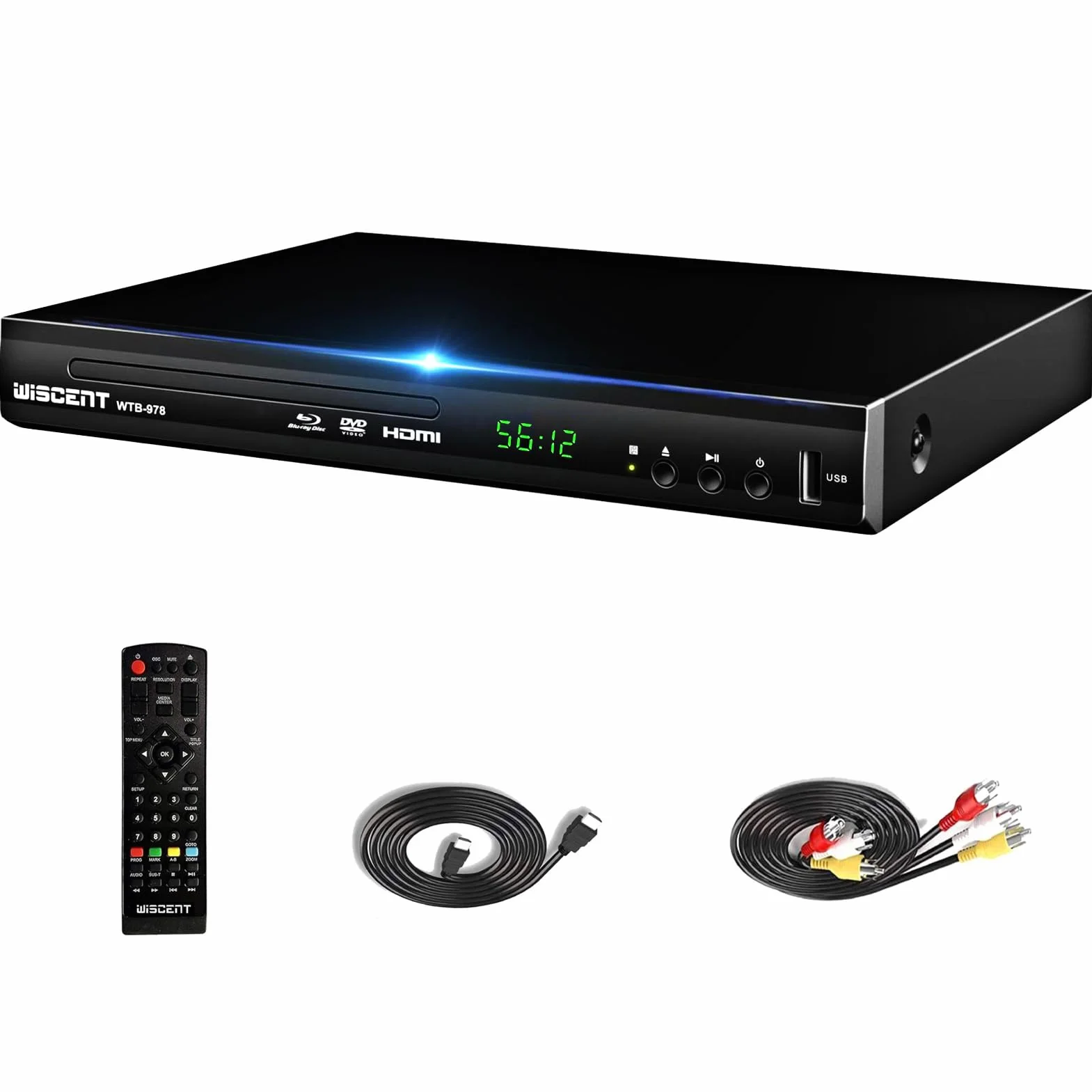 Lettore Blu-Ray per TV, WISCENT Lettore DVD con Coassiale/HDMI/AV, ingresso USB, tutti i DVD e la regione B/2 Blue Ray Discs, Lettore Bluray Compatto Full HD 1080p (WTB-978B)