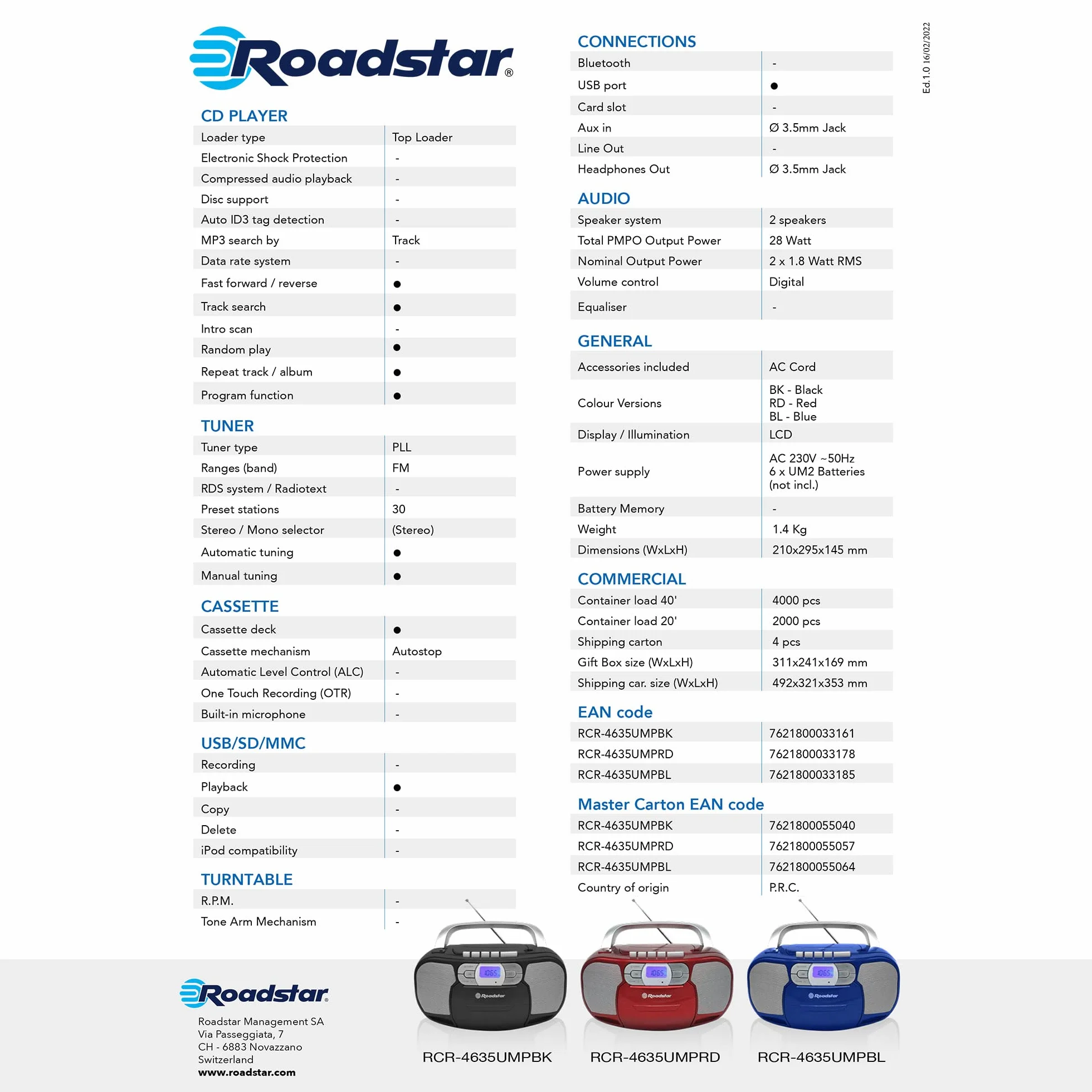 Roadstar RCR-4635UMP/RD Radio CD Portatile Cassette, Radio Digitale PLL FM, Boombox Lettore CD-MP3, USB, AUX-IN, Uscita cuffie, Rosso