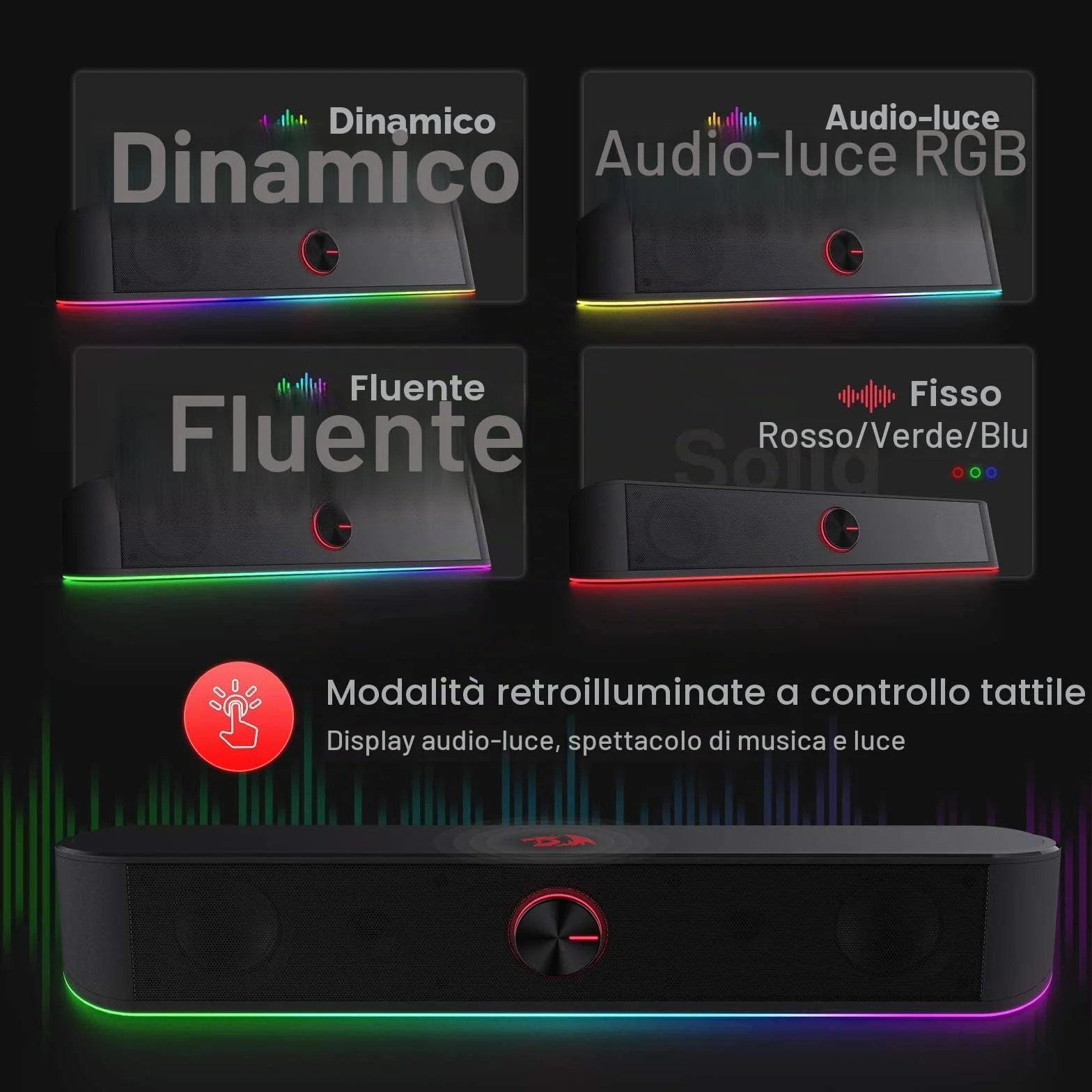 Redragon GS560 Adiemus RGB Desktop Soundbar, Altoparlante per computer a 2.0 canali con barra di illuminazione dinamica, sincronizzazione audio/luce, retroilluminato con controllo touch con manopola