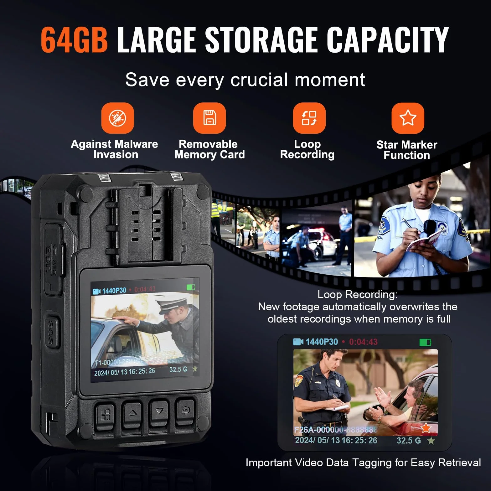 VEVOR Telecamera per Corpo della Polizia HD 1440P, 64 GB Audio Video, Batteria Integrata da 3500 mAh, LCD 5 cm, Visione Notturna Infrarossi, Telecamera Corpo Personale Impermeabile Forze dell'Ordine
