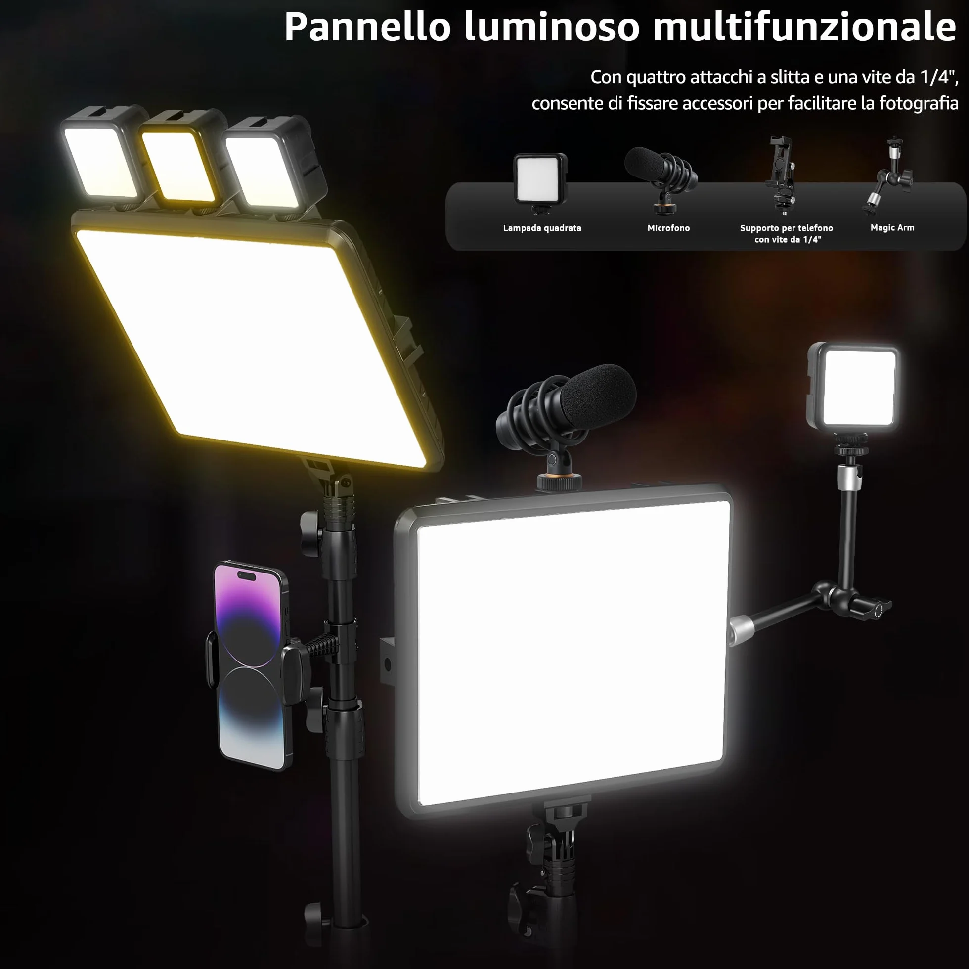 Kit di 2 Luci Video a LED, Luce da Studio Dimmerabile 2800-6500K Kit con Supporto per Treppiede e Supporto per Telefono, Luce Flusso da 185,4 cm per Fotografia Foto di Prodotti, Personaggi, Youtube