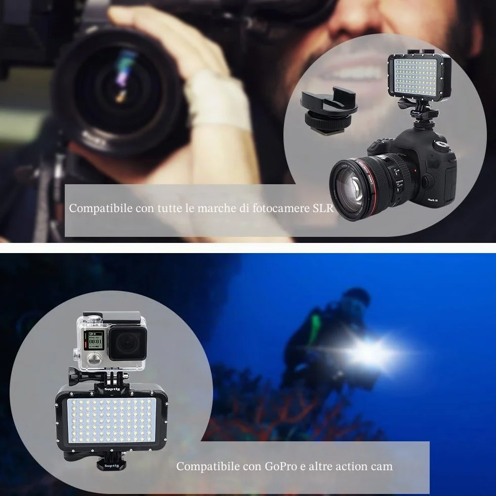 Suptig, Luce subacquea per immersione da 84 LED ad alta potenza, dimmerabile, impermeabile fino a 50 m, per GoPro, Canon, Nikon, Pentax, Panasonic, Sony, Samsung e fotocamere SLR