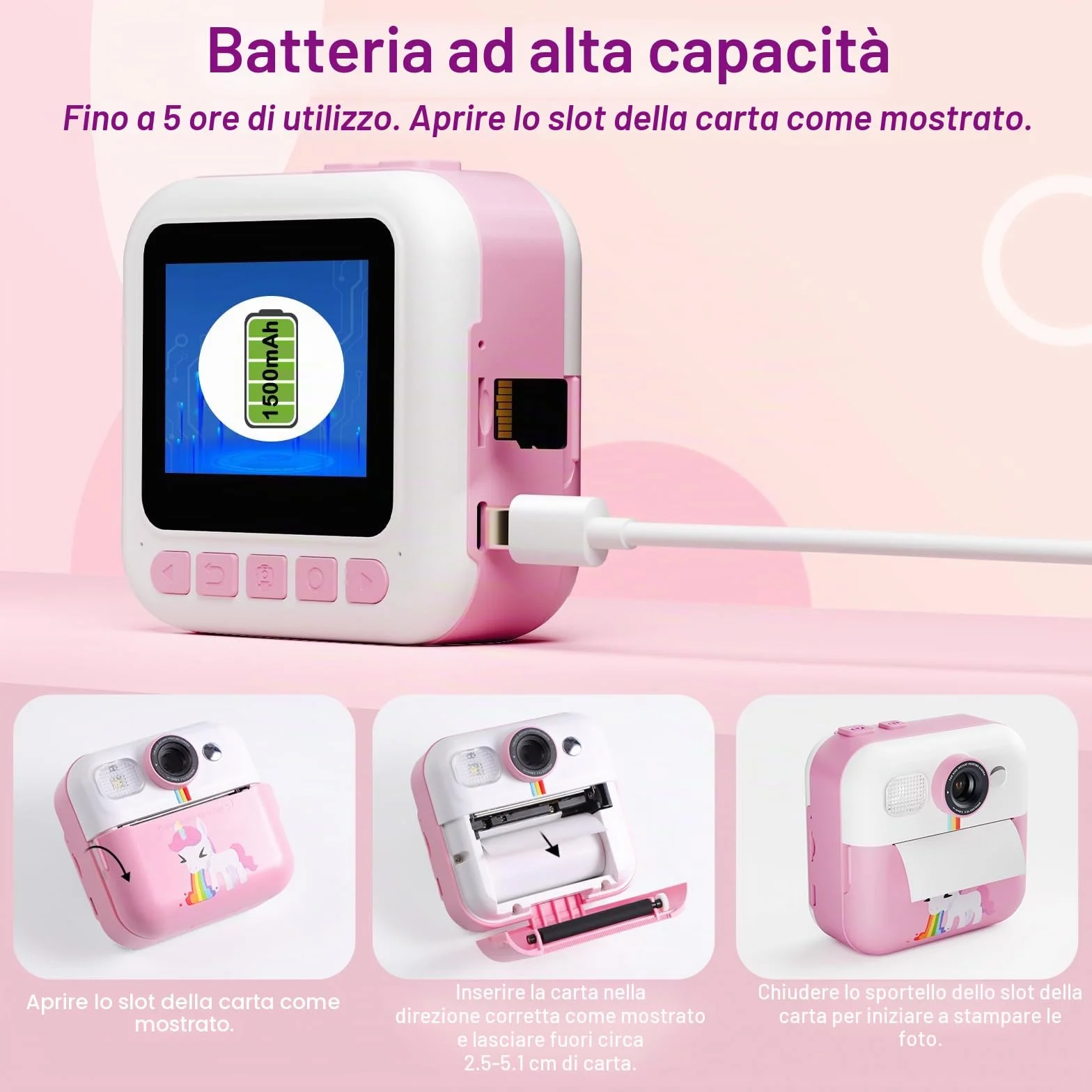 Macchina Fotografica Bambini Istantanea, 2,4 Pollici 1080P Fotocamera Bambini Selfie con Carta da Stampa e 32GB Scheda, Giocattolo Regalo di Natale Bambino e Bambina 3 4 5 6 7 8 Anni (Rosa)