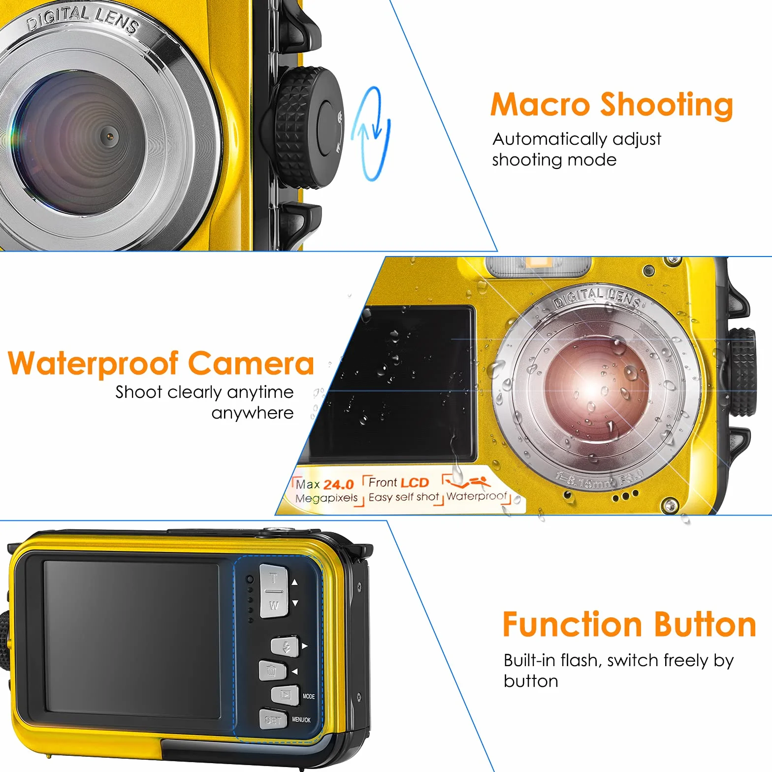 Aomdom Macchina Fotografica Subacquea, Full HD 2.7K 24MP Fotocamera Subacquea Digitale Zoom Digitale 16X Macchina Fotografica Subacquea Bambini Doppio Schermo giallo