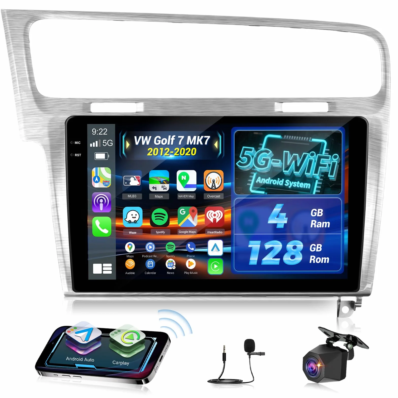NHOPEEW 4+128G Android Autoradio per VW Golf 7 MK7 2012-2020 con Wireless Carplay Android Auto - Schermo incell da 10 pollici Supporto WiFi GPS Comandi al volante + Telecamera di retromarcia Canbus